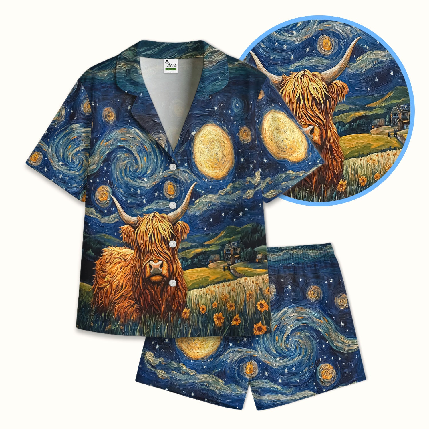Artistic Highland Cow Starry Night Scene Pattern Pajama Set, Soft Breathable Fabric Comfortable Sleepwear