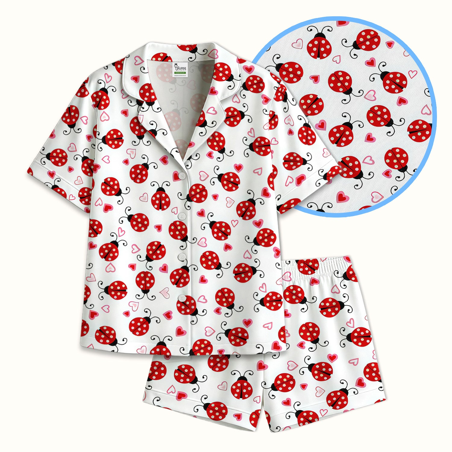 Cute Ladybug Heart Love Pattern Pajama Set, Soft Breathable Fabric Comfortable Sleepwear