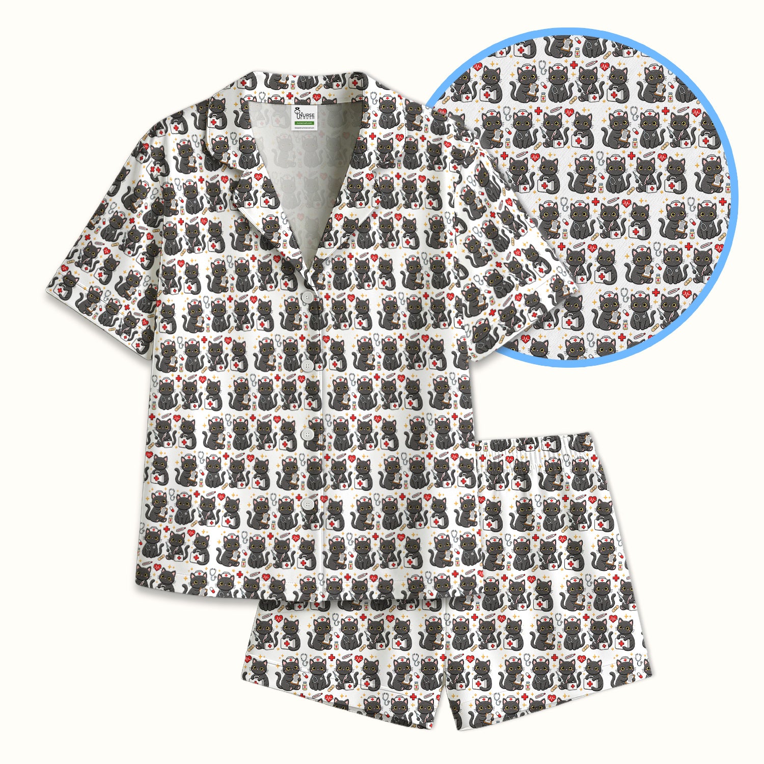 Black Cat Nurse Medical Icons Pajama Set, Soft Breathable Fabric Comfortable Sleepwear