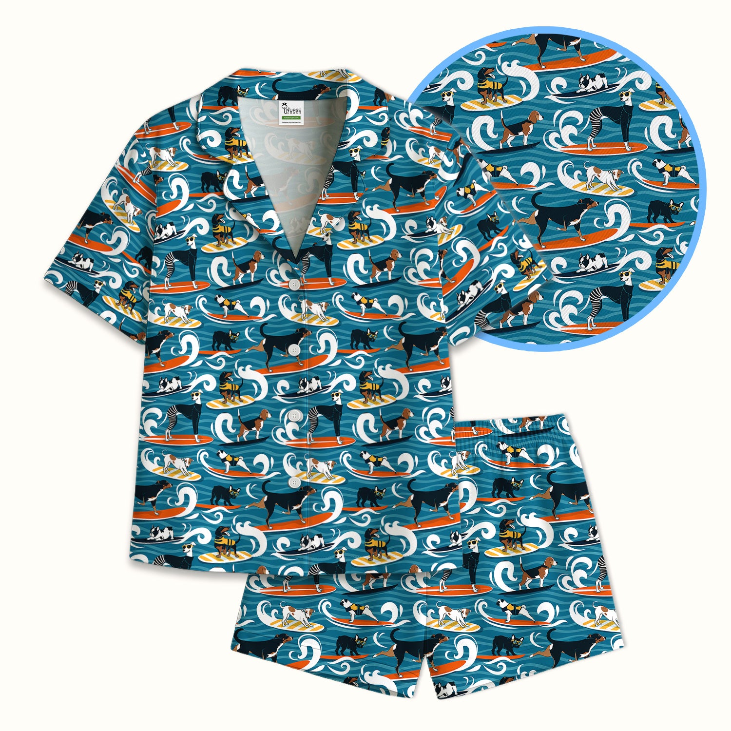 Surfing Dogs Ocean Wave Print Pajama Set, Soft Breathable Fabric Comfortable Sleepwear