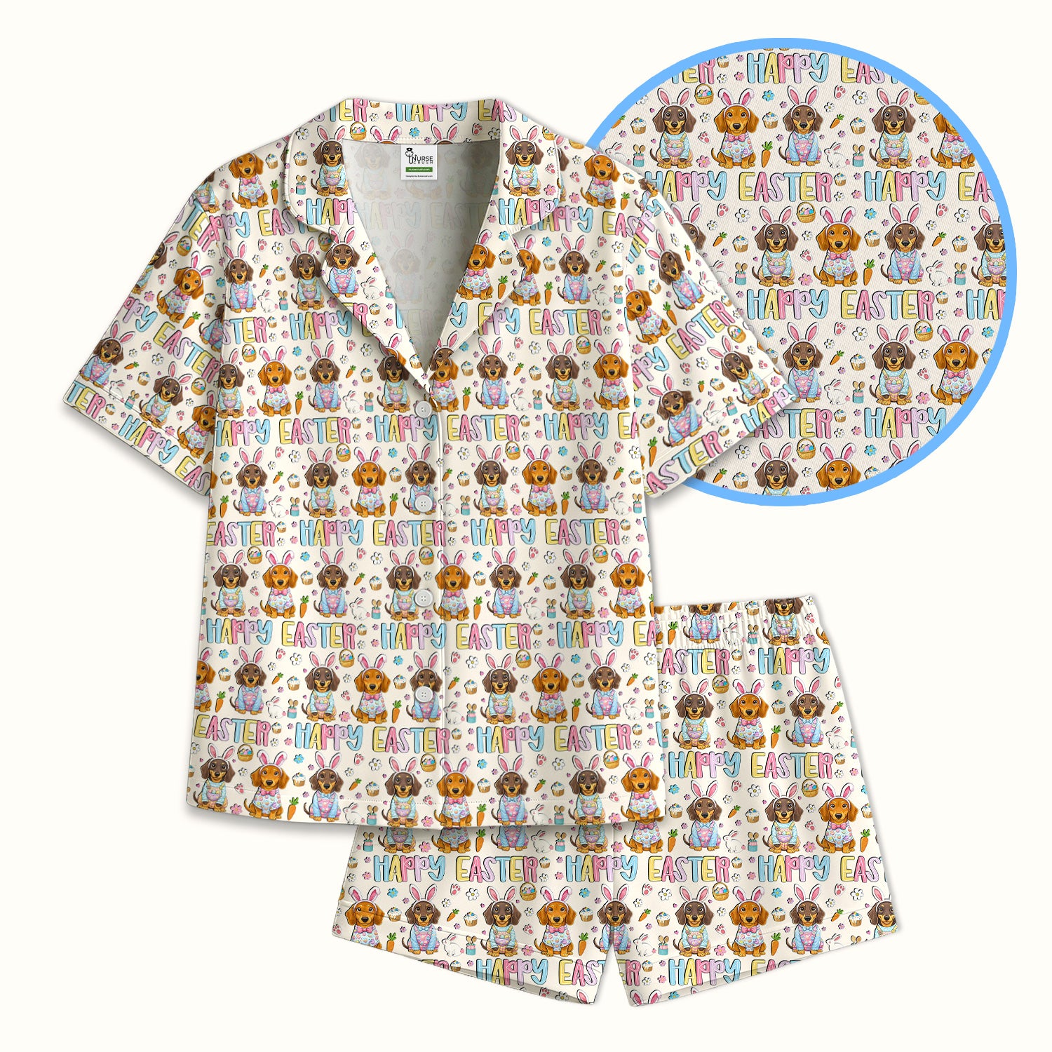 Happy Easter Dachshund Bunny Print Pajama Set, Breathable Fabrics Uniform