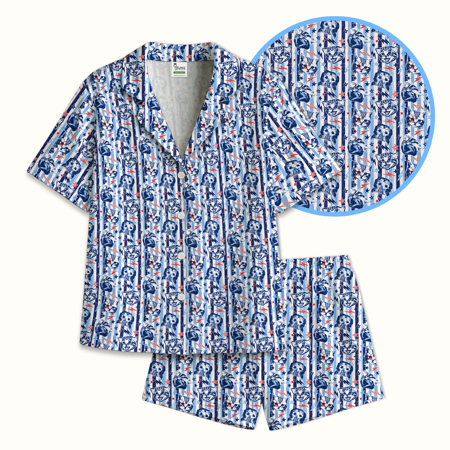 Cute Cat Faces With Lightning Print Pajama Set, Soft Breathable Fabric Comfortable Sleepwear