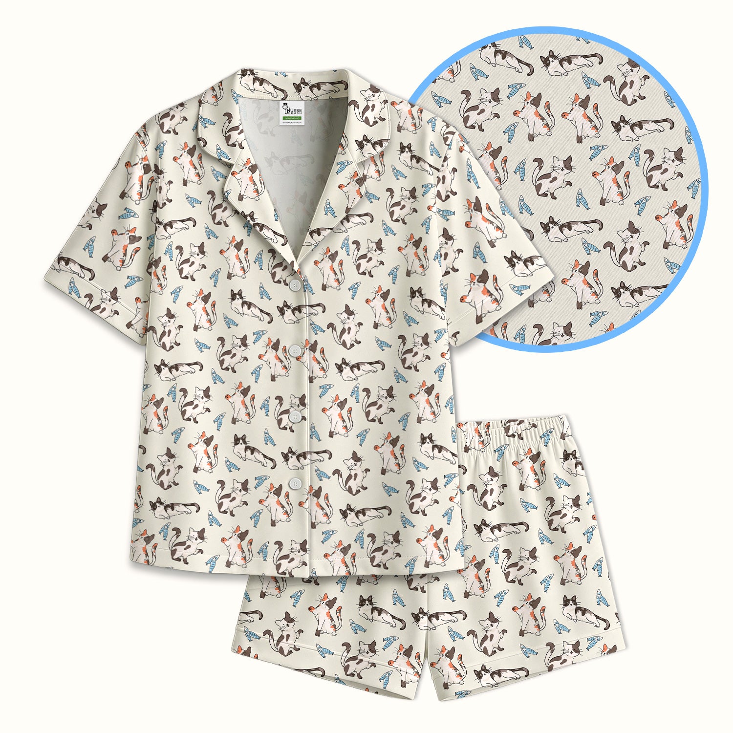 Cute Playful Cats With Fish Pattern Nurse Pajama Set, Soft Breathable Fabric Comfortable Sleepwear