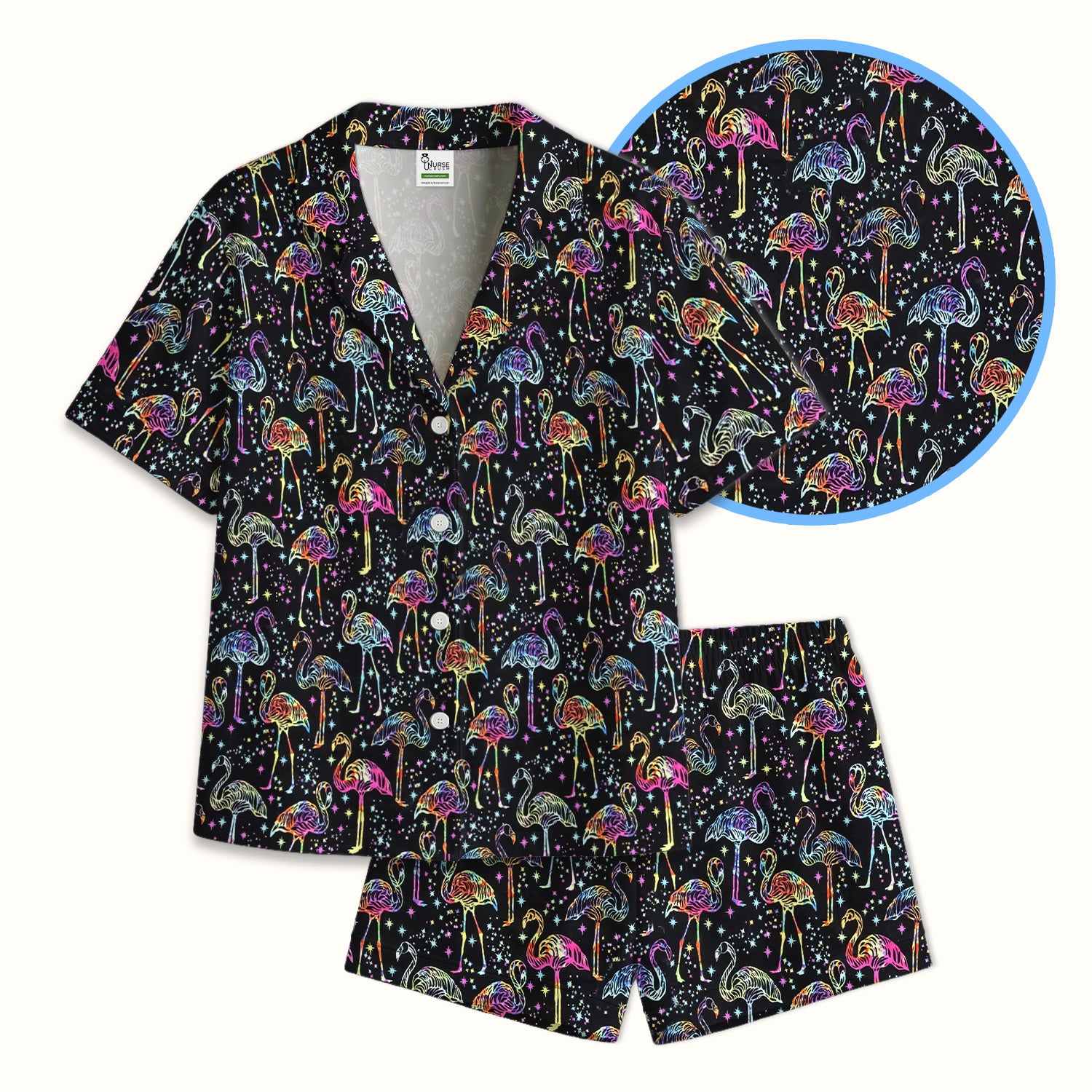 Neon Flamingo Starry Night Pattern Pajama Set, Soft Breathable Fabric Comfortable Sleepwear
