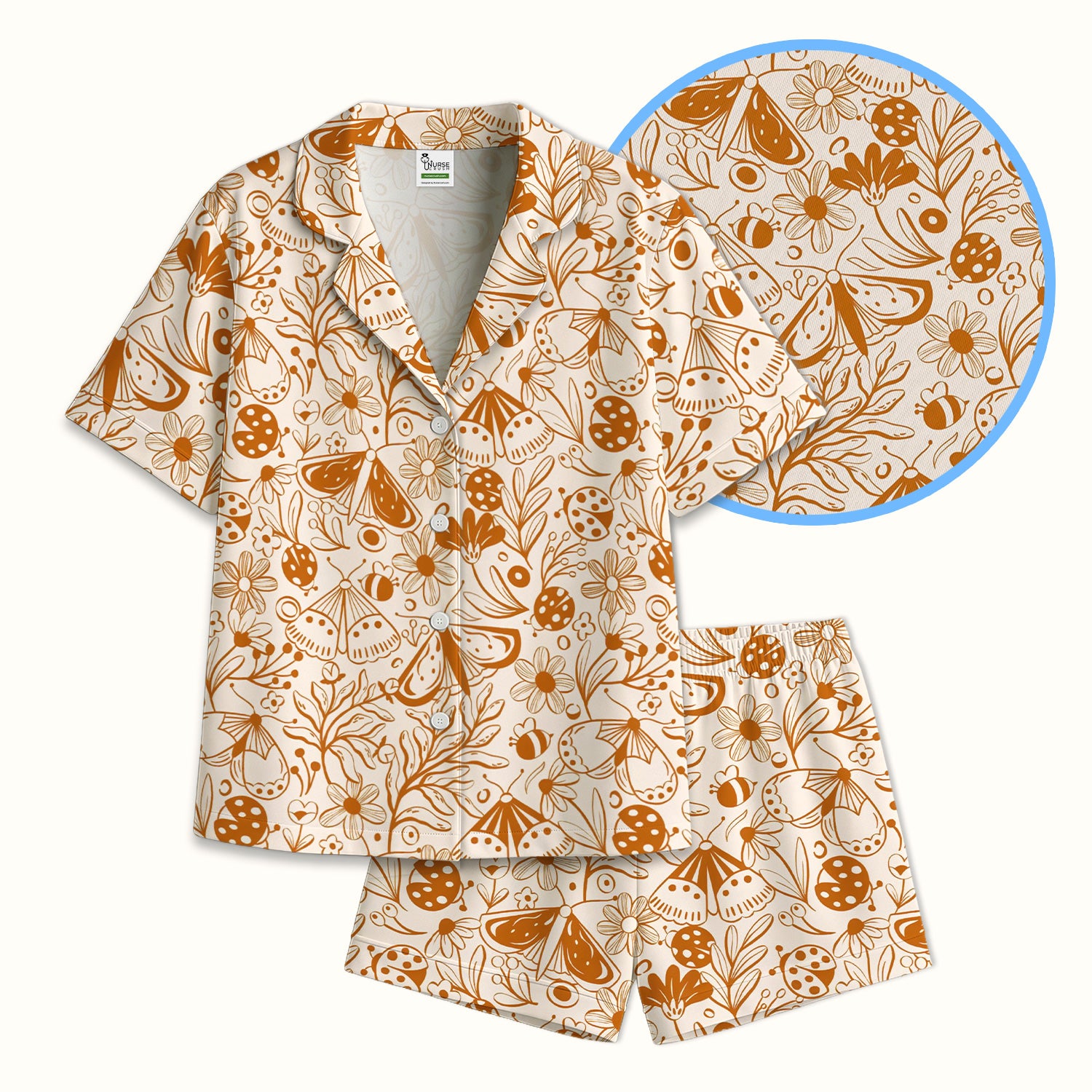 Butterfly Ladybug Floral Garden Pattern Pajama Set, Soft Breathable Fabric Comfortable Sleepwear