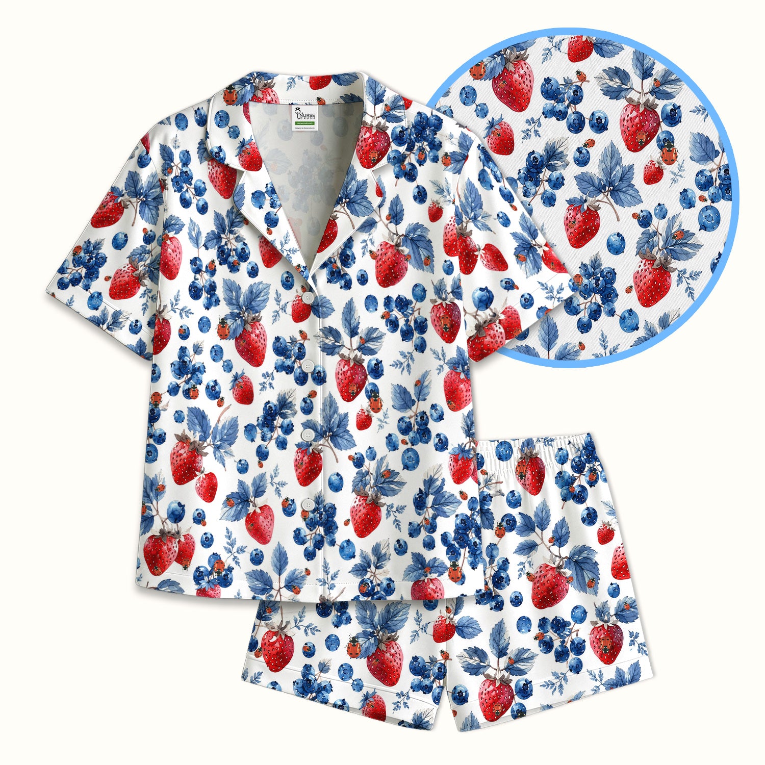 Cute Strawberry Blueberry Ladybug Pattern Pajama Set, Soft Breathable Fabric Comfortable Sleepwear