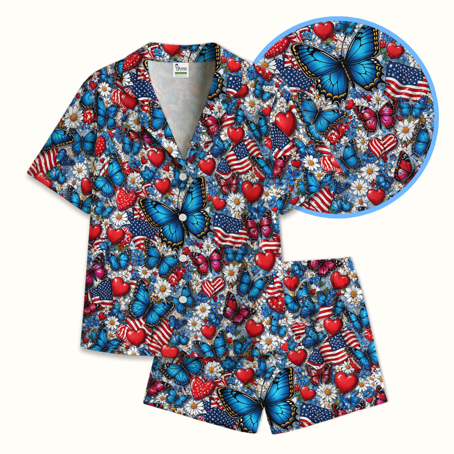 Festive Patriotic Butterfly Heart Floral Pattern Pajama Set, Soft Breathable Fabric Comfortable Sleepwear