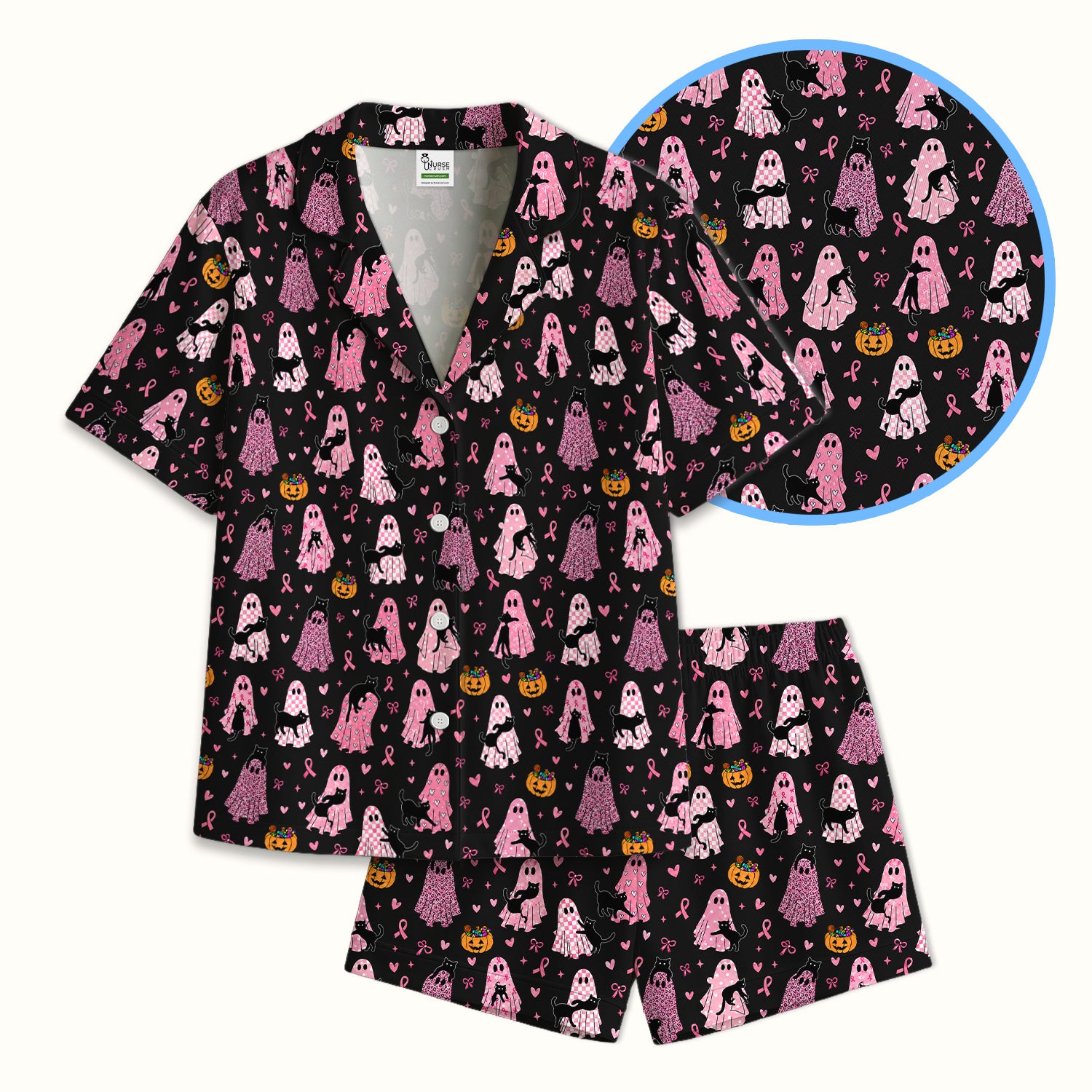 Breast Cancer Awareness Ghost Cat Pajama Set, Soft Breathable Fabric Comfortable Sleepwear