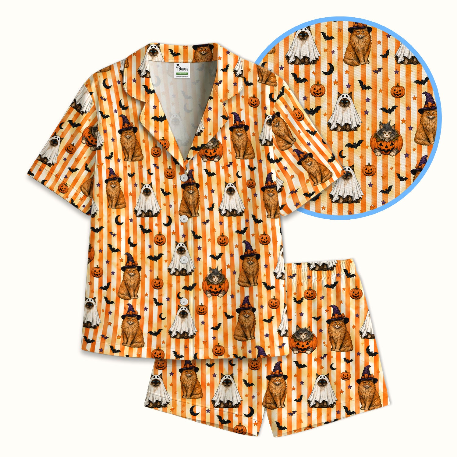 Halloween Cat Print Pajama Set, Soft Breathable Fabric Comfortable Sleepwear