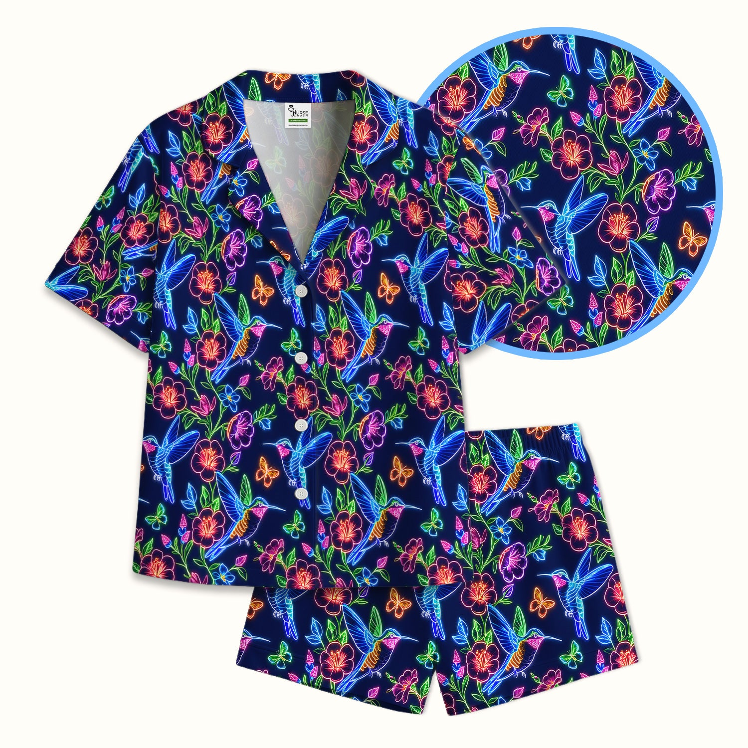 Neon Hummingbird Floral Garden Pattern Pajama Set, Soft Breathable Fabric Comfortable Sleepwear