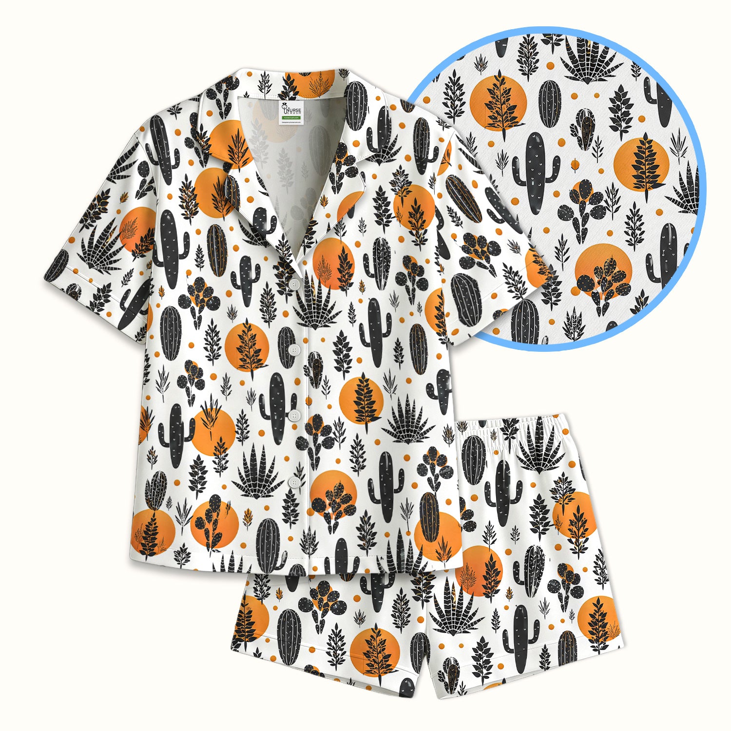 Desert Cactus Orange Sun Pattern Pajama Set, Soft Breathable Fabric Comfortable Sleepwear