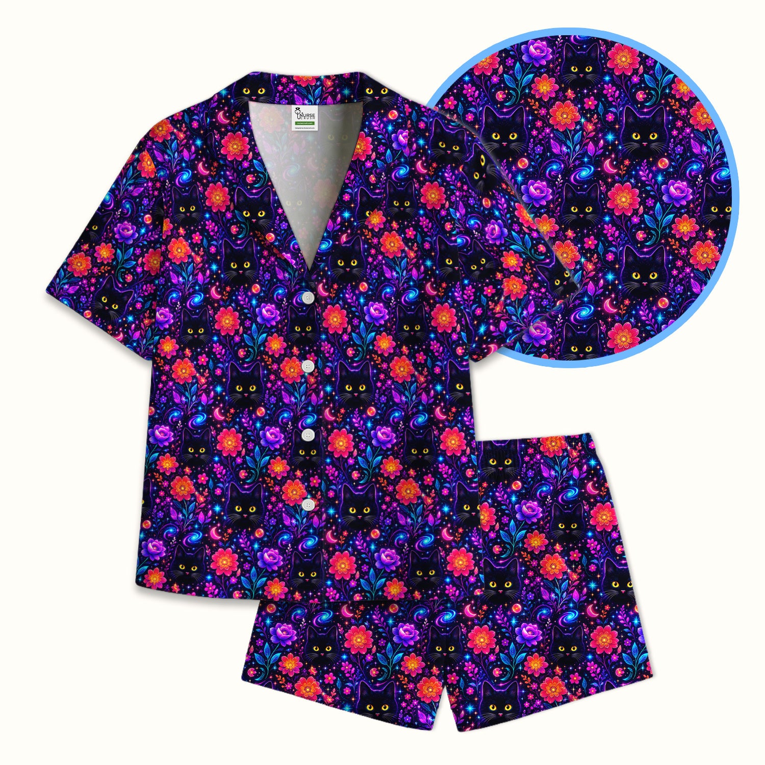 Galaxy Black Cat Floral Pattern Pajama Set, Soft Breathable Fabric Comfortable Sleepwear