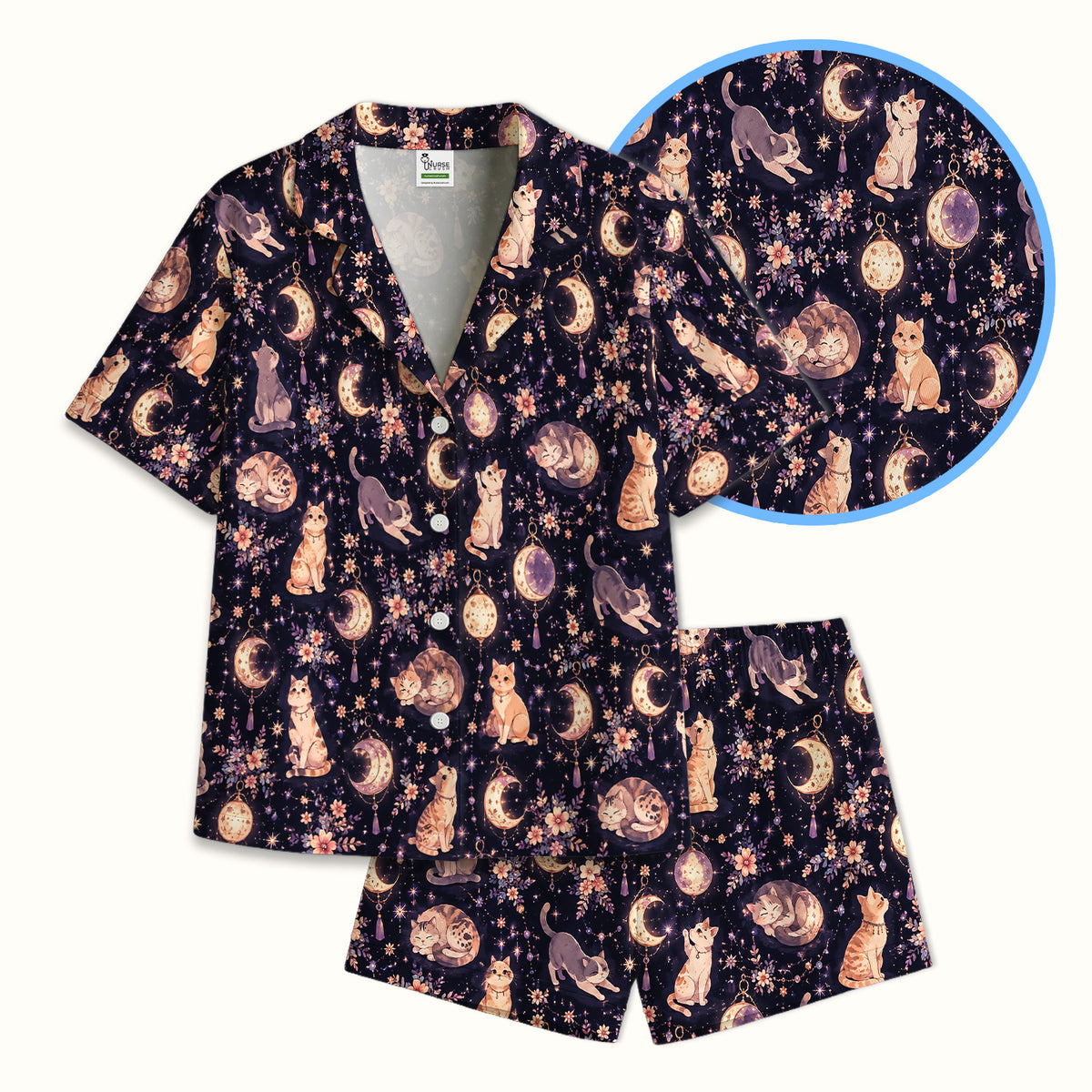 Celestial Cat Pattern Pajama Set, Soft Breathable Fabric Comfortable Sleepwear