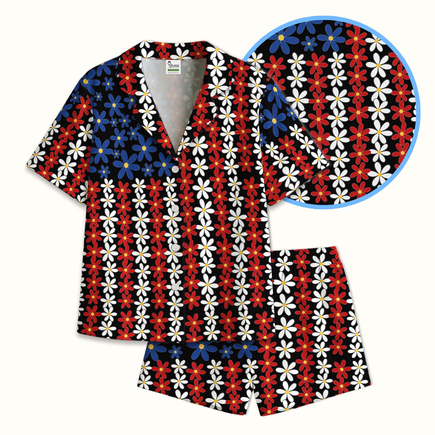 Retro Red Blue Daisy Stripe Pattern Pajama Set, Soft Breathable Fabric Comfortable Sleepwear