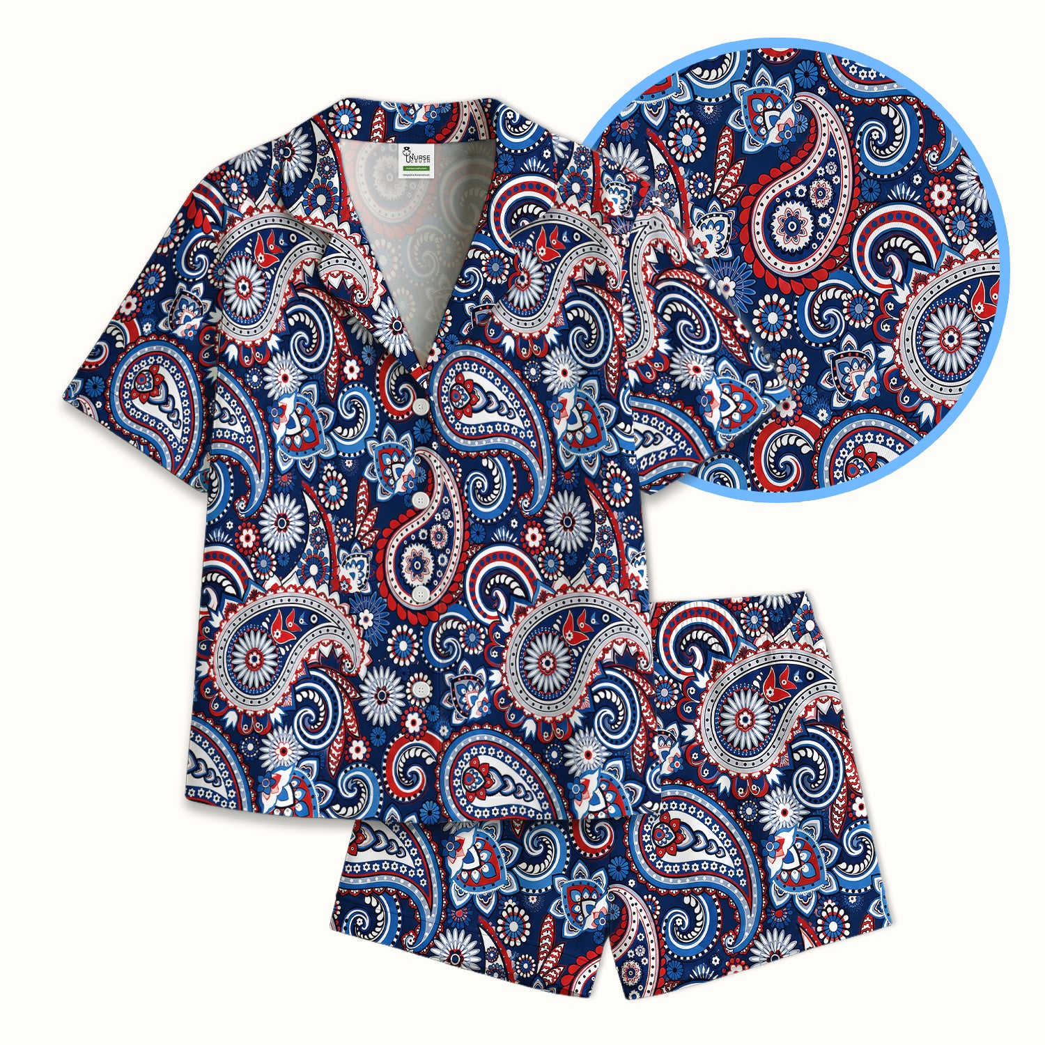 Patriotic Red White Blue Paisley Pattern Pajama Set, Soft Breathable Fabric Comfortable Sleepwear