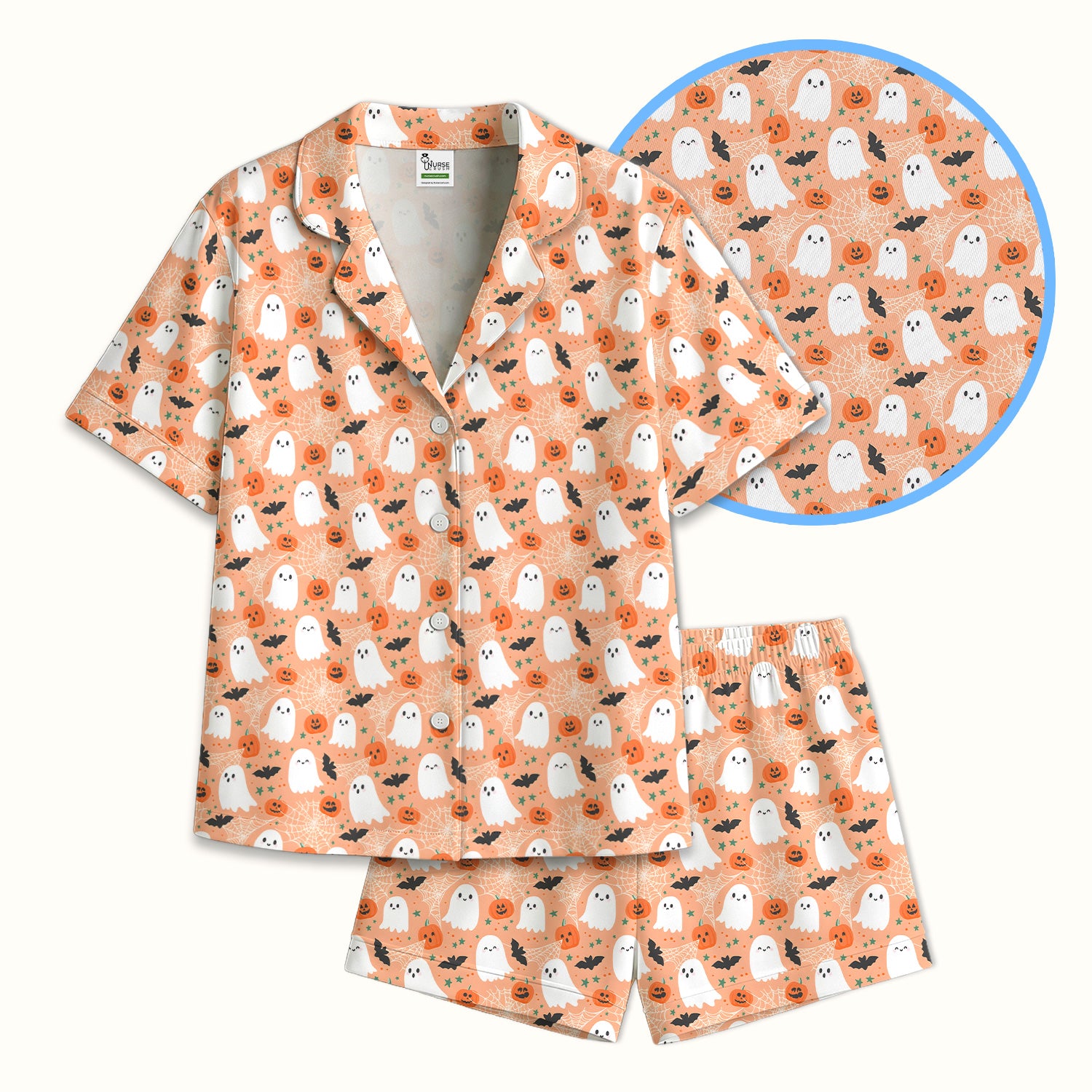 Cute Halloween Ghost And Pumpkin Pajama Set, Soft Breathable Fabric Comfortable Sleepwear