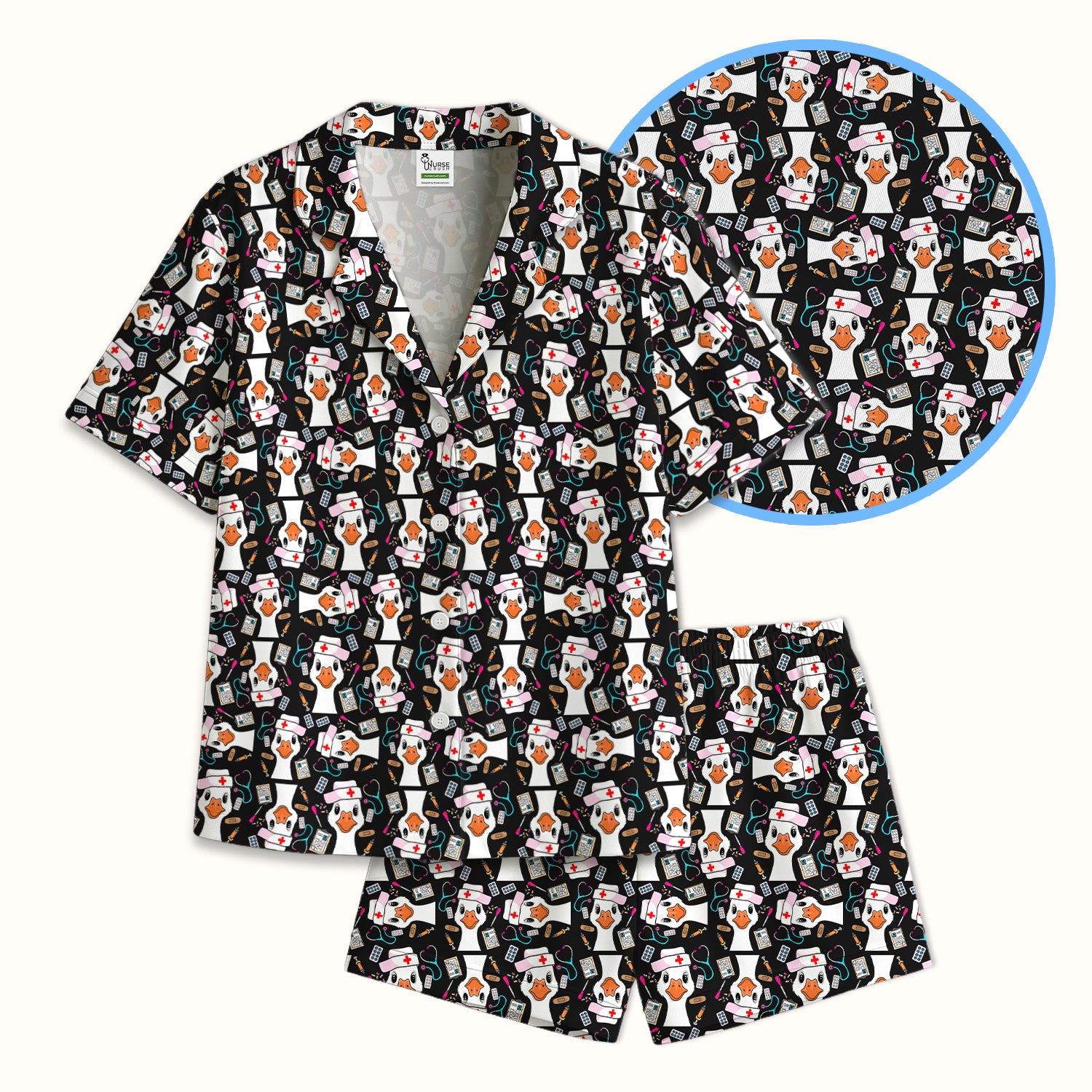 Duck Wearing Hat With Medical Tools Pajama Set, Breathable Fabrics Uniform