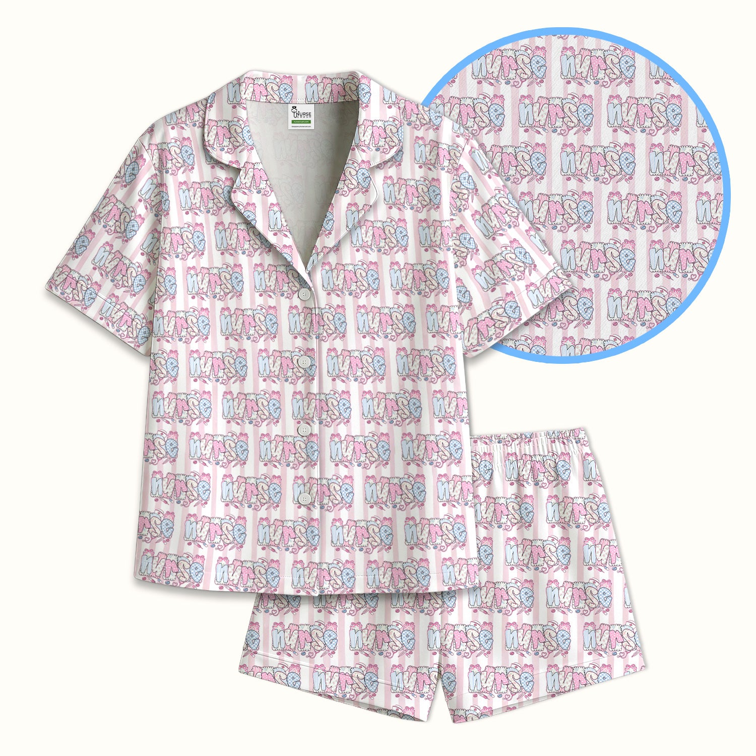 Cute Pastel Nurse Pattern Pajama Set, Breathable Fabrics Uniform