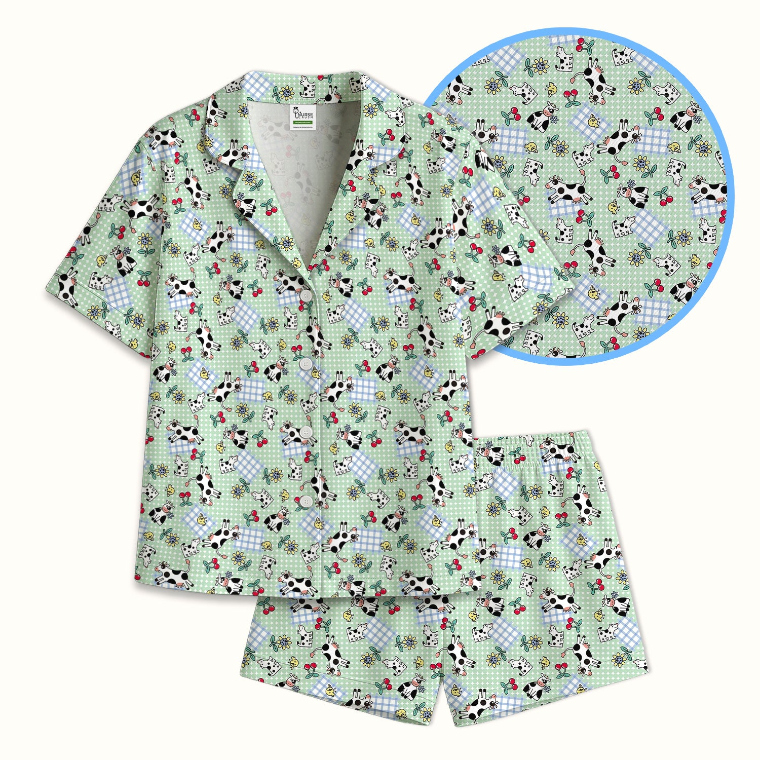 Cute Cow Cherry Farm Garden Pattern Nurse Pajama Set, Soft Breathable Fabric Comfortable Sleepwear
