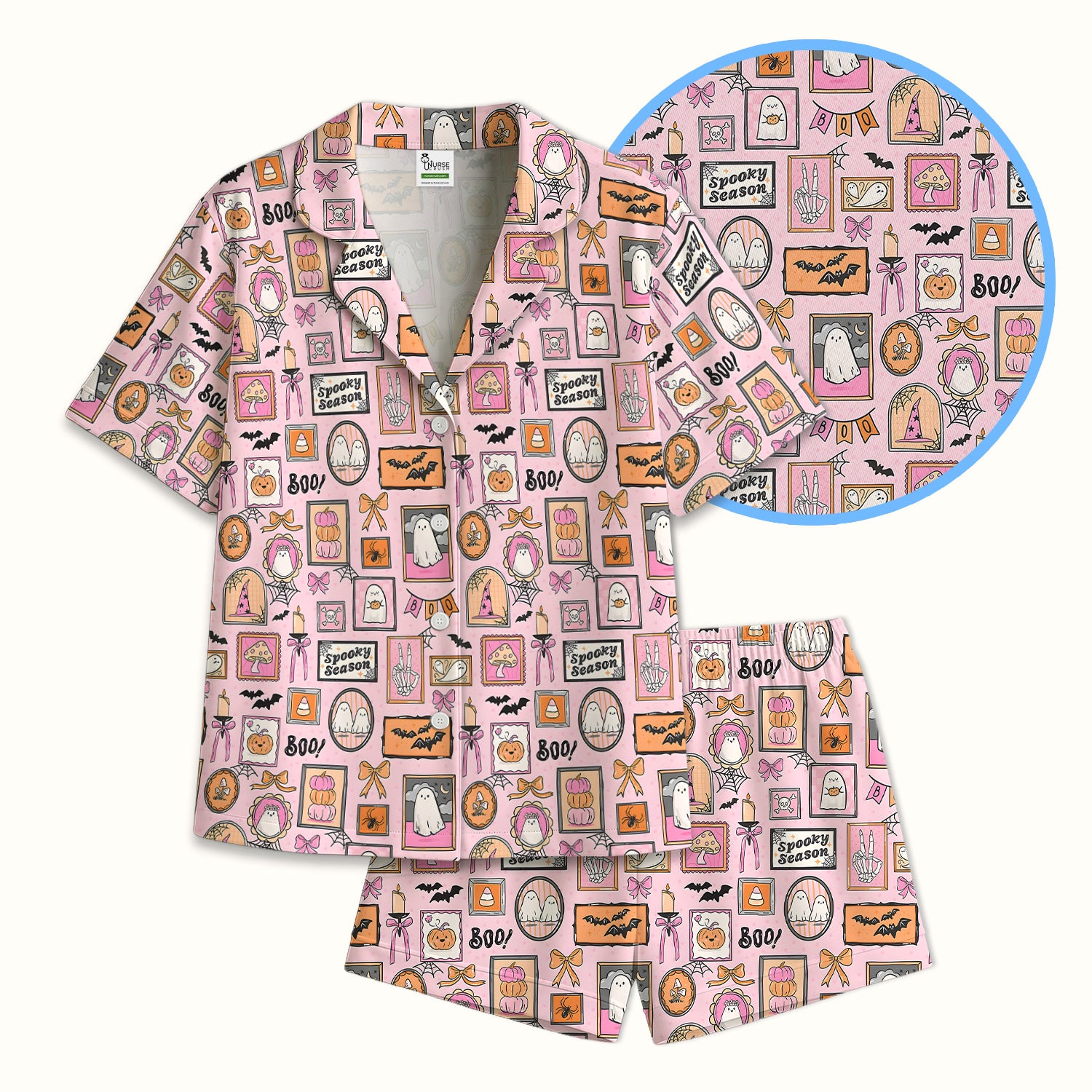 Pink Halloween Ghost Gallery Print Pajama Set, Soft Breathable Fabric Comfortable Sleepwear