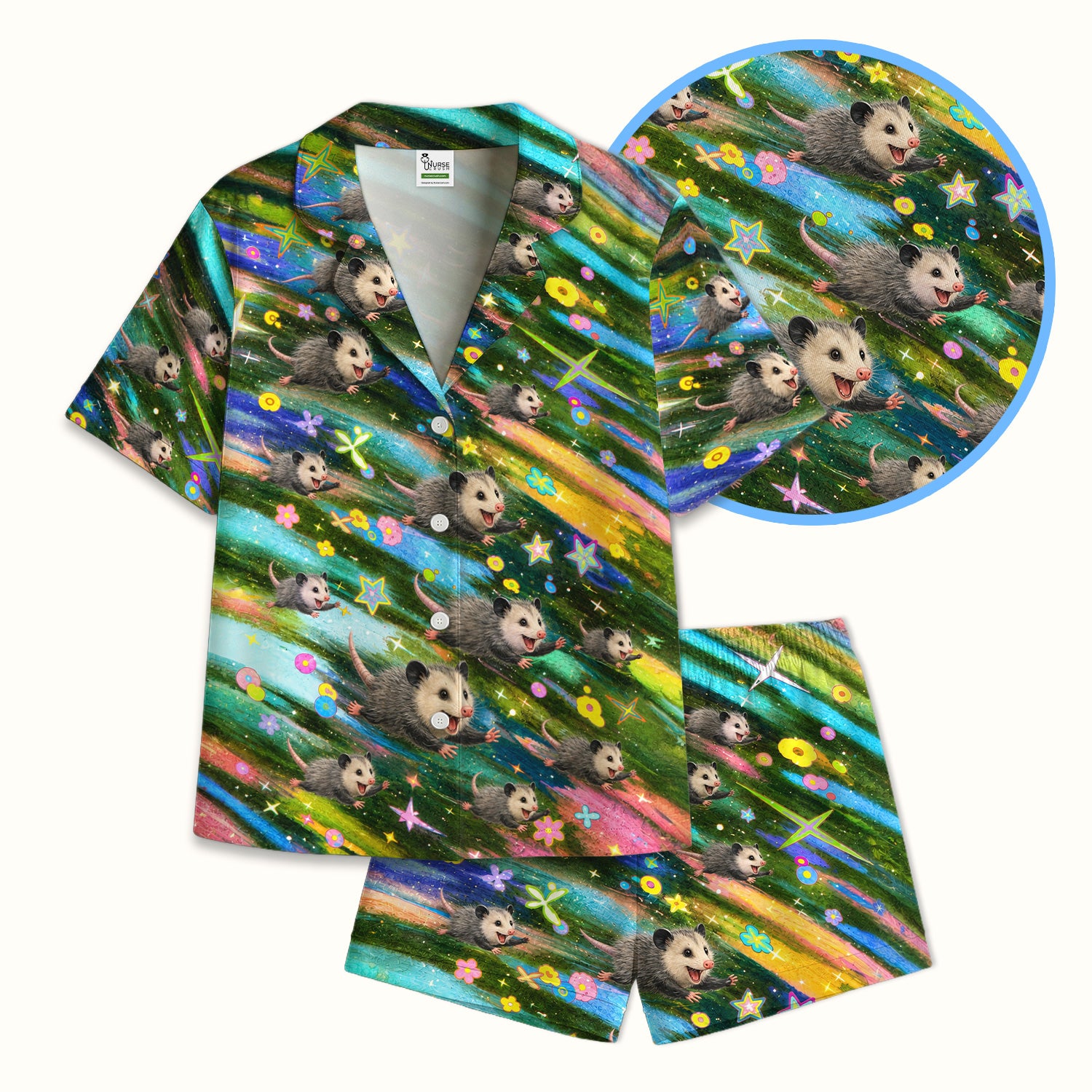 Colorful Opossum Rainbow Stars Print Pajama Set, Soft Breathable Fabric Comfortable Sleepwear