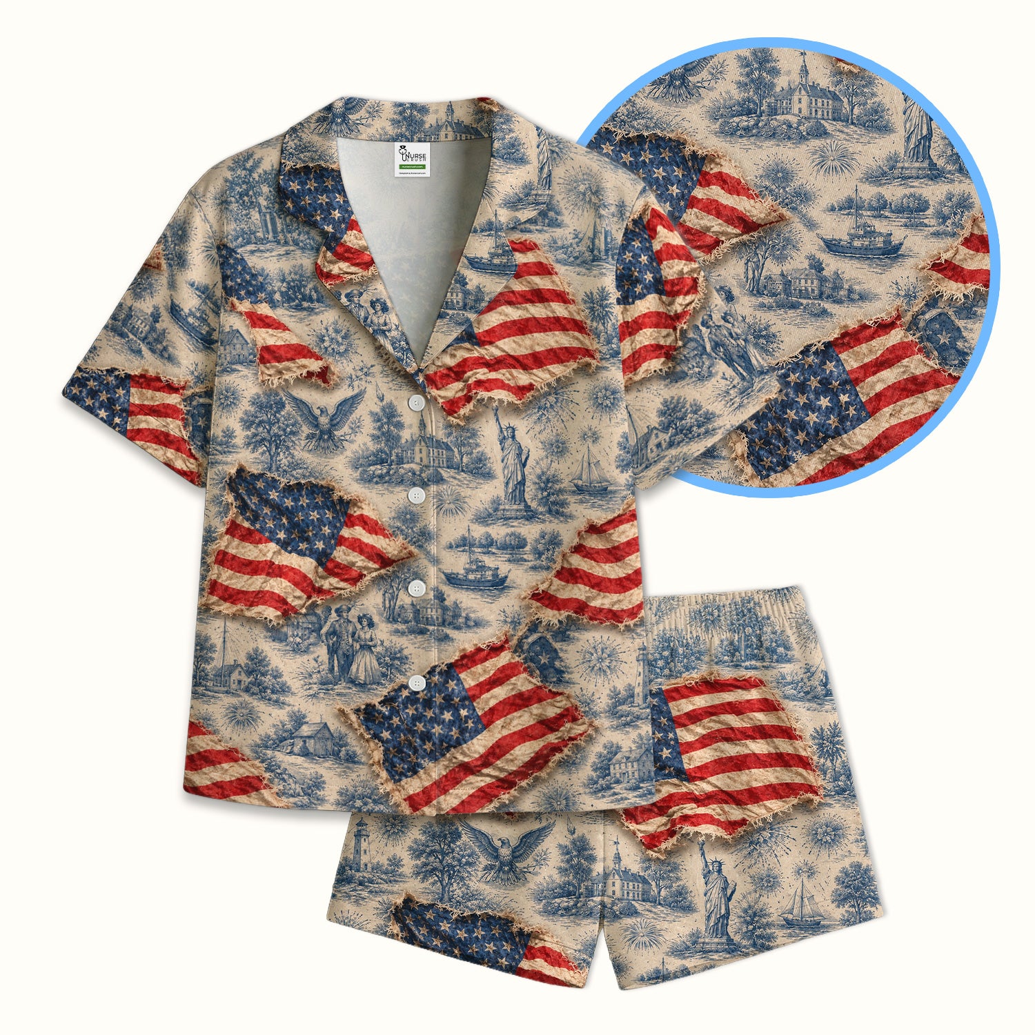 Vintage American Flag Toile Pattern Pajama Set, Soft Breathable Fabric Comfortable Sleepwear
