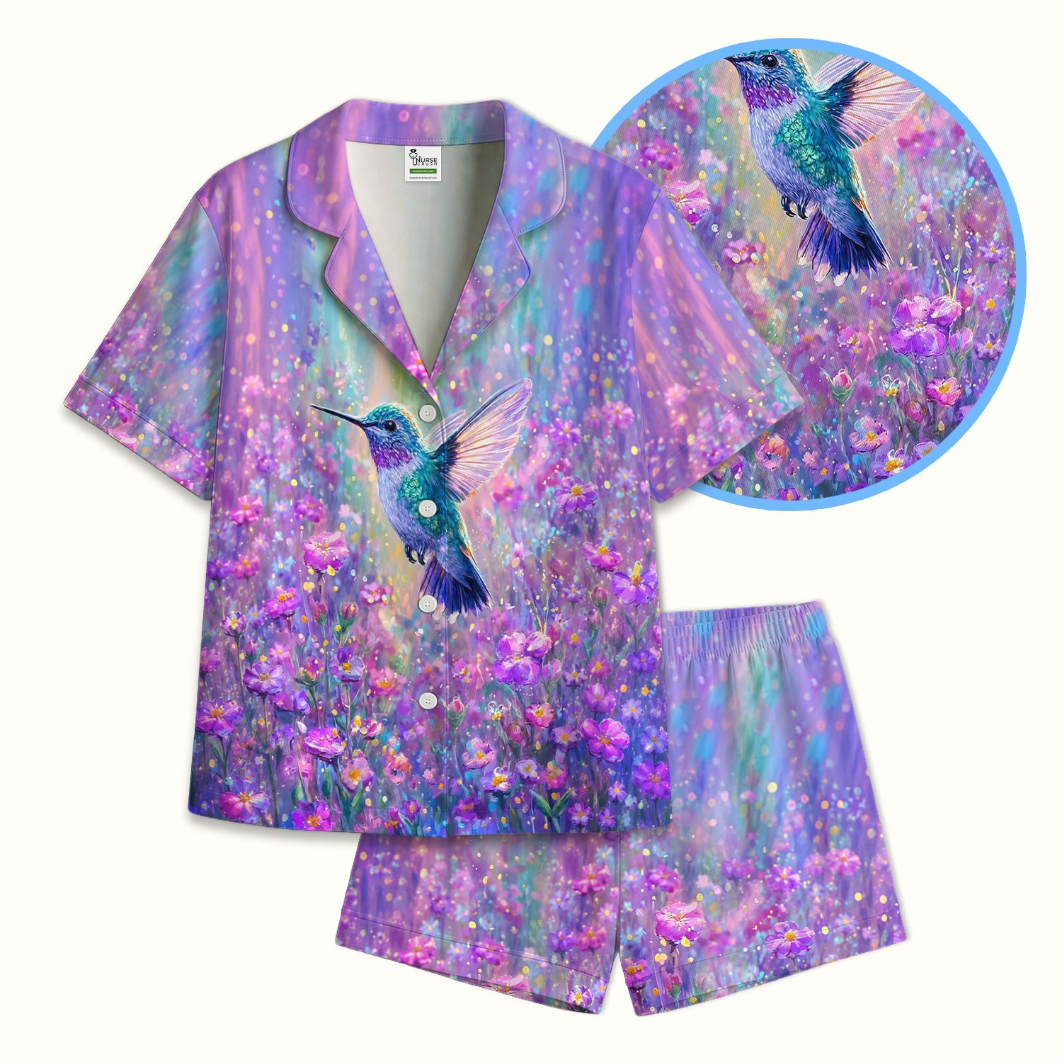 Watercolor Hummingbird with Purple Floral Garden Print Pajama Set, Soft Breathable Fabric Comfortable Sleepwear