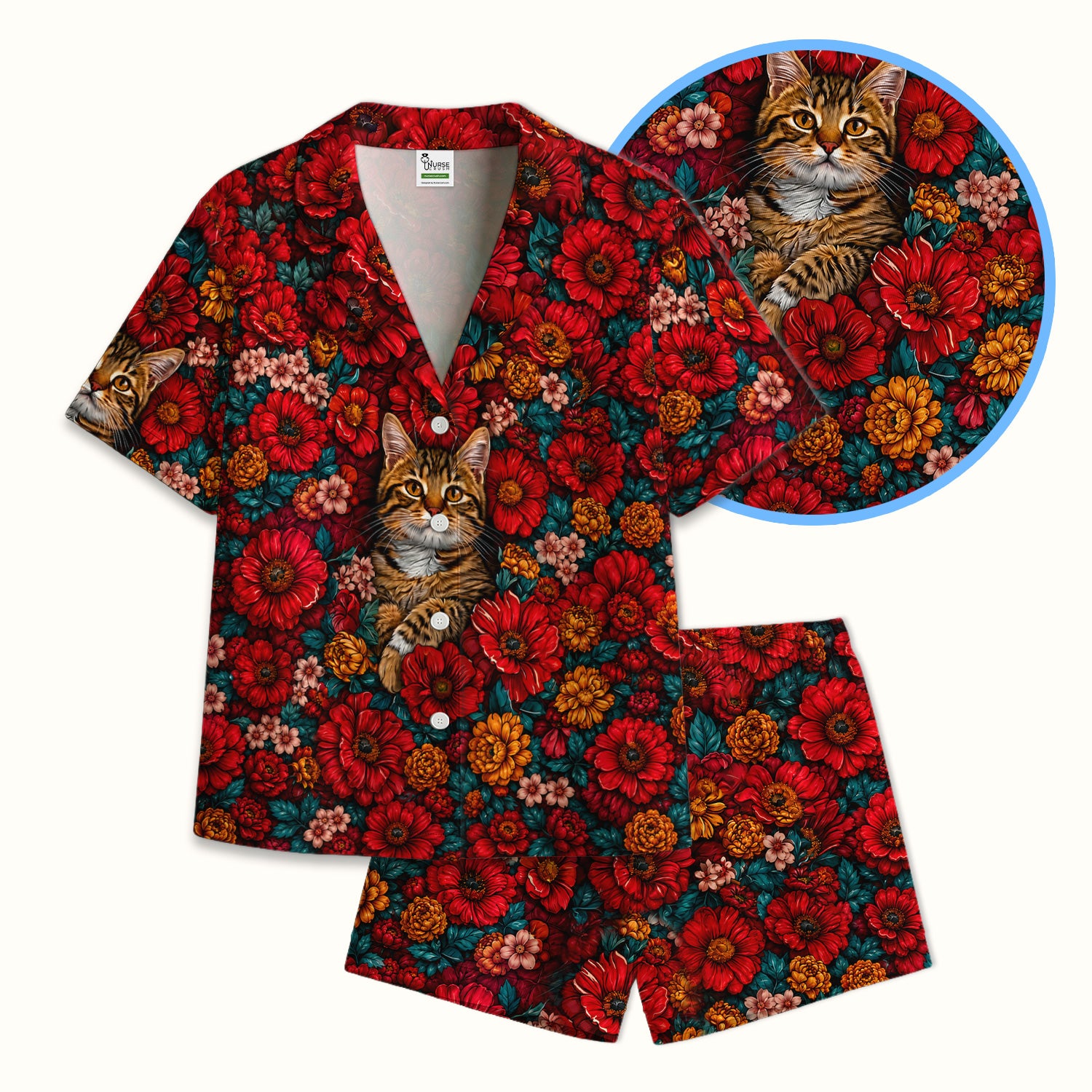 Adorable Tabby Cat Floral Garden Pattern Pajama Set, Soft Breathable Fabric Comfortable Sleepwear
