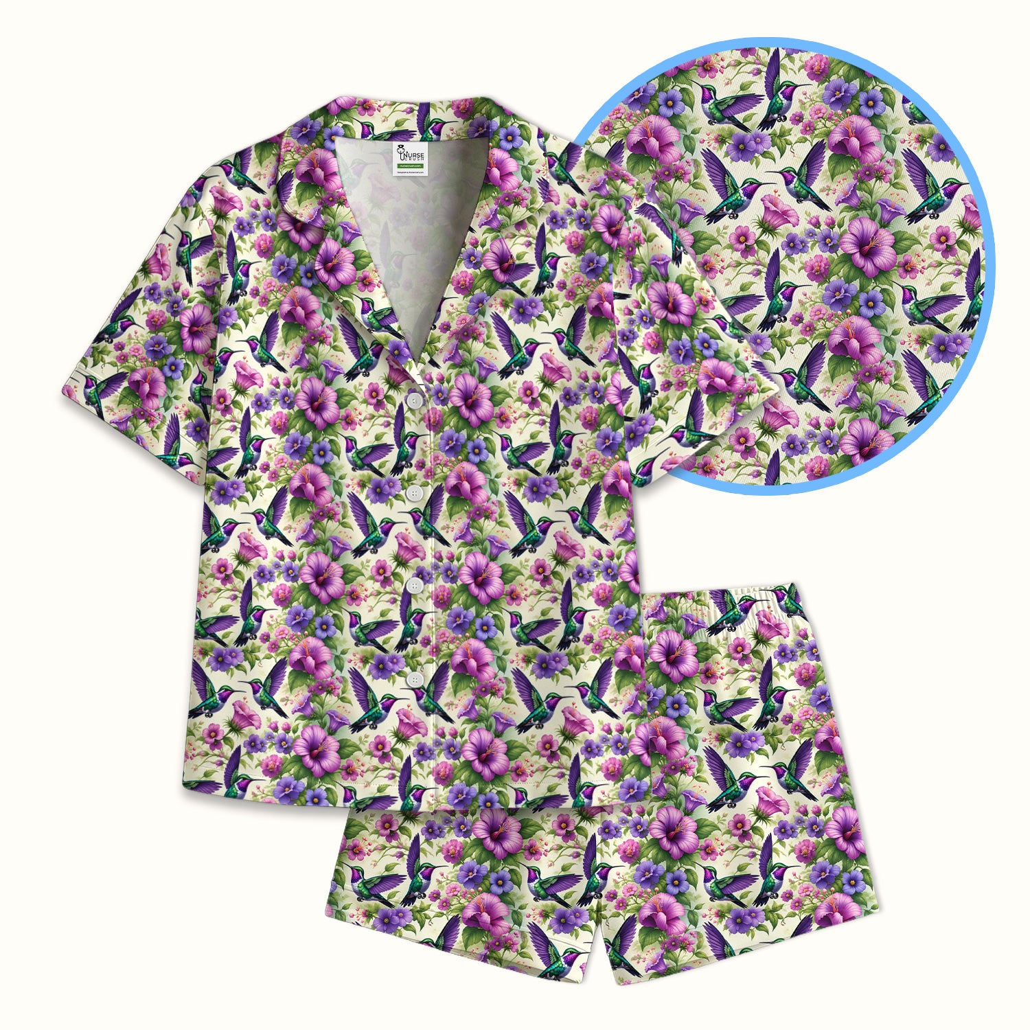 Purple Hummingbird Hibiscus Floral Pattern Pajama Set, Soft Breathable Fabric Comfortable Sleepwear