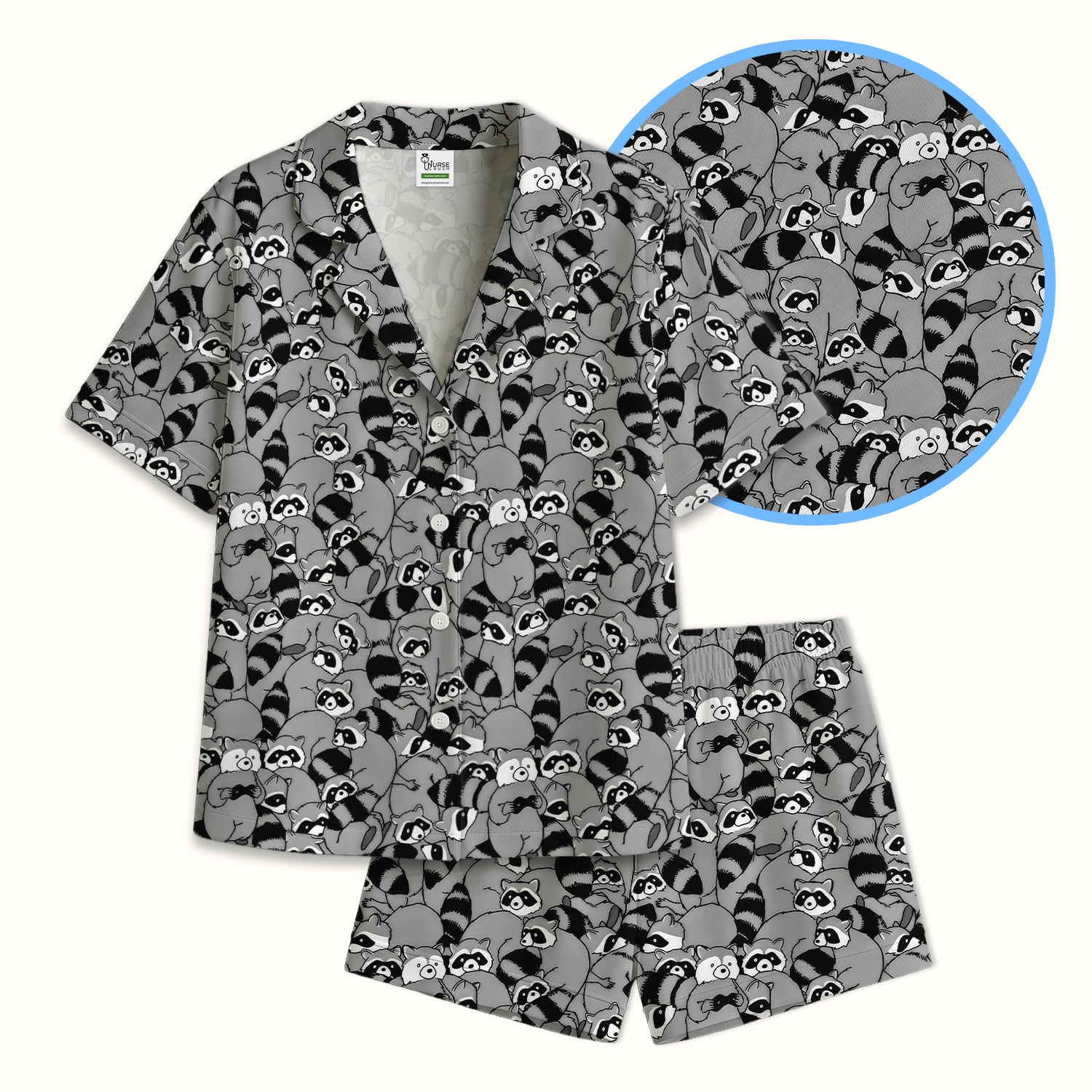 Cute Nurse Raccoon Crowd Pattern Pajama Set, Breathable Fabrics Uniform