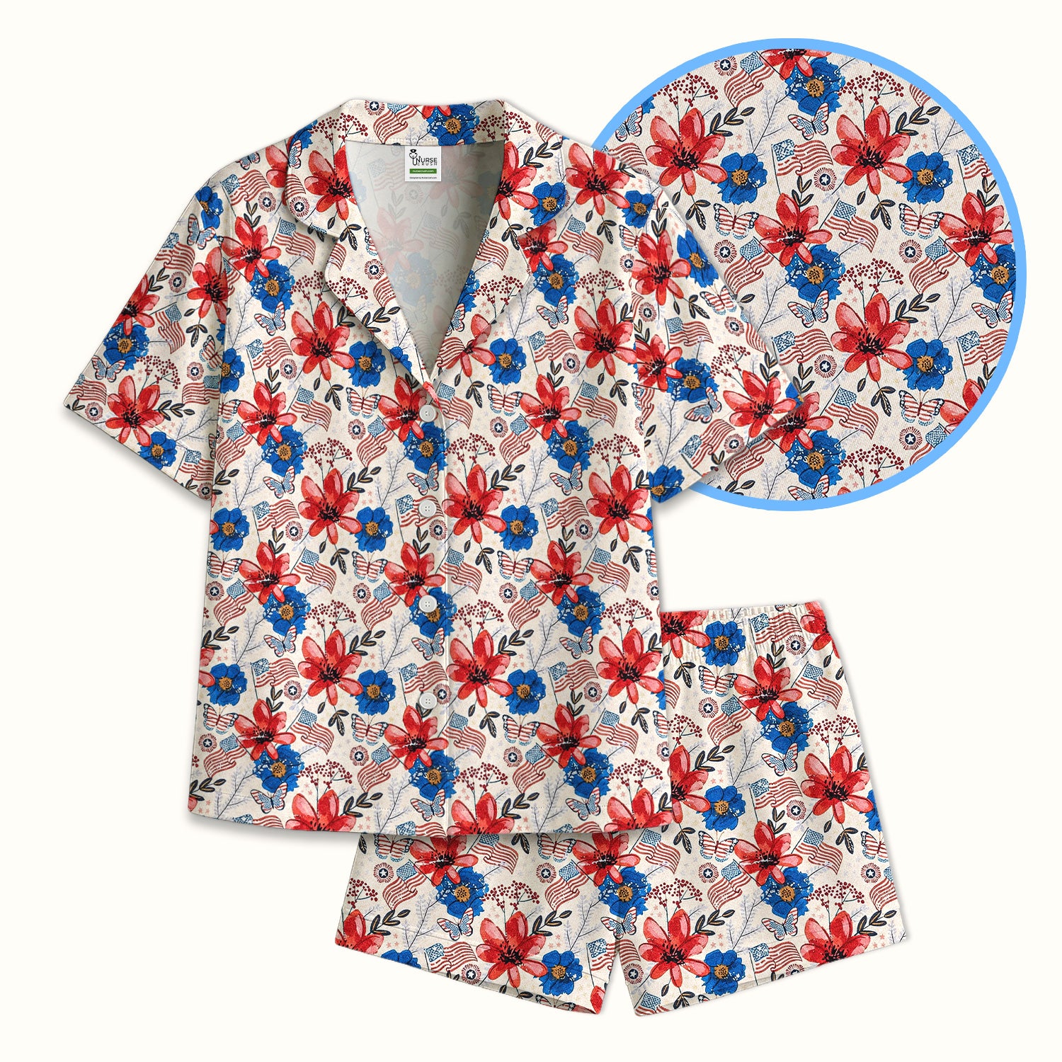 Patriotic Floral Flag Butterfly Pattern Pajama Set, Soft Breathable Fabric Comfortable Sleepwear