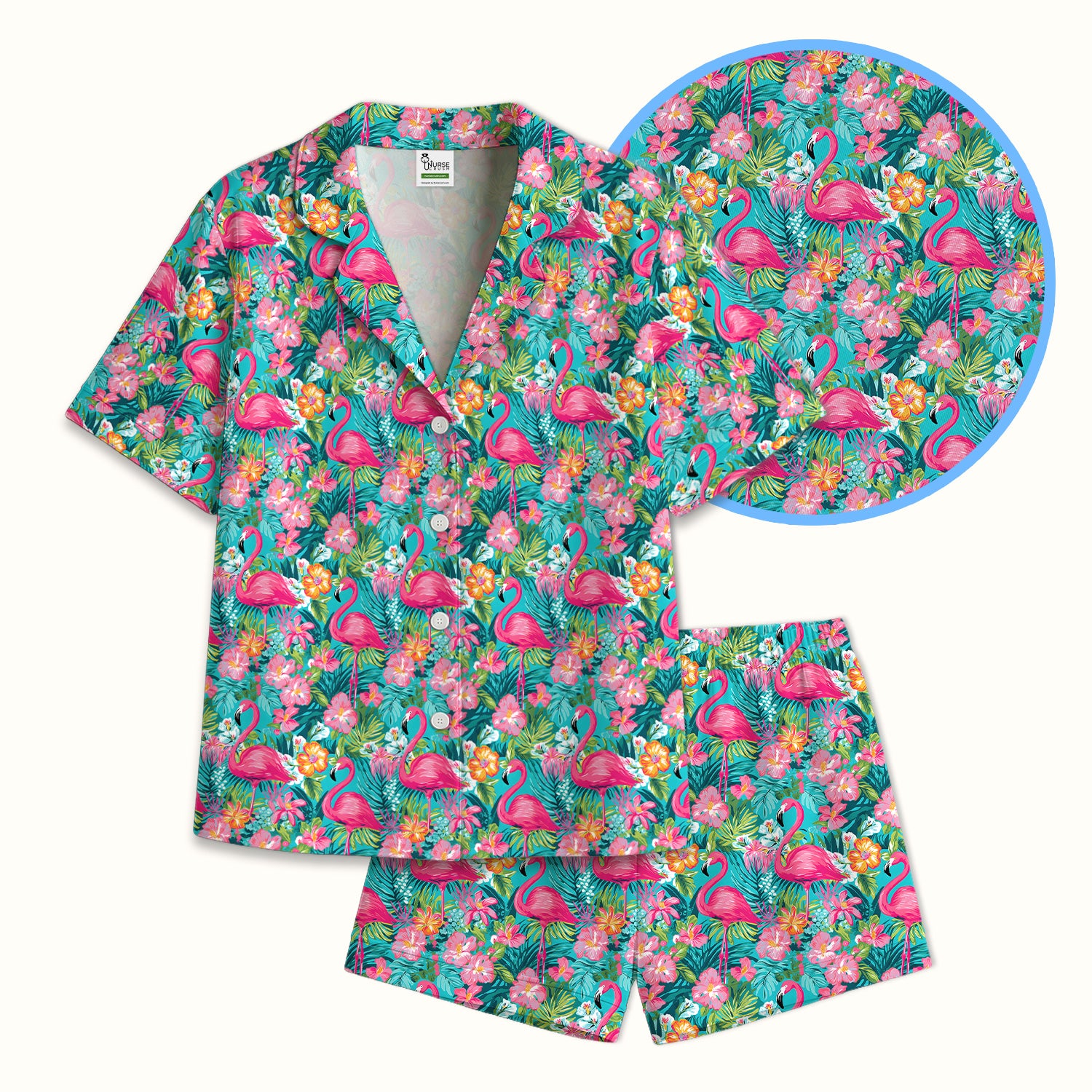 Tropical Flamingo Floral Pattern Pajama Set, Soft Breathable Fabric Comfortable Sleepwear