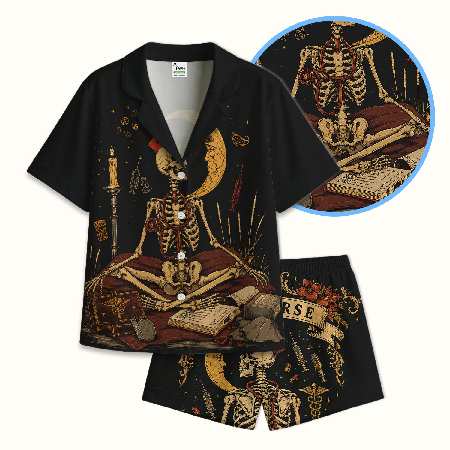 Breast Cancer Skeleton Nurse Pajama Set, Soft Breathable Fabric Comfortable Sleepwear