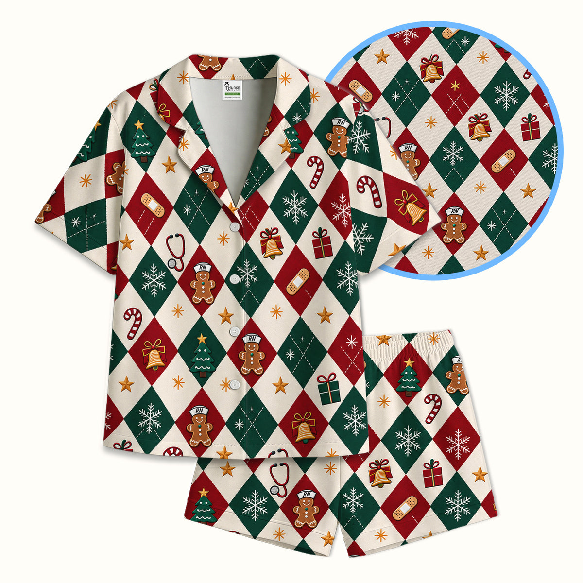 Christmas Gingerbread Nurse Argyle Pajama Set, Soft Breathable Fabric Comfortable Sleepwear
