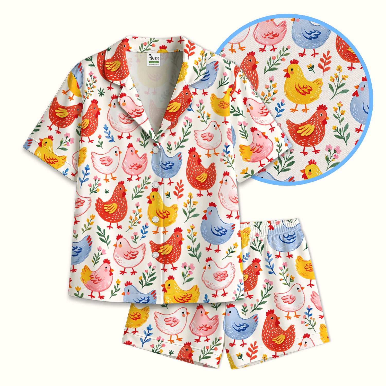 Fun Cartoon Hen Print Pajama Set, Breathable Fabrics Uniform