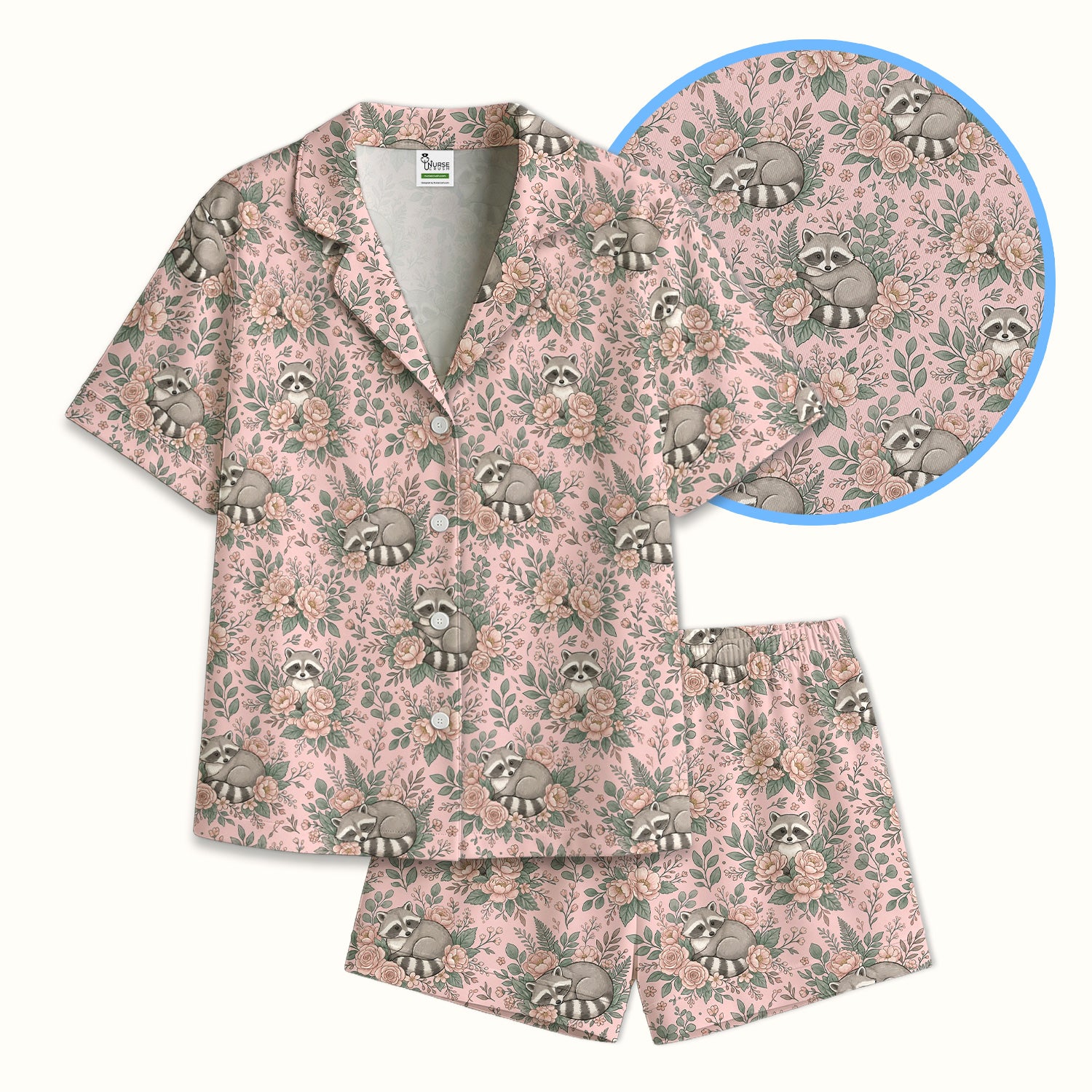 Sleeping Raccoon Rose Garden Pattern Pajama Set, Soft Breathable Fabric Comfortable Sleepwear