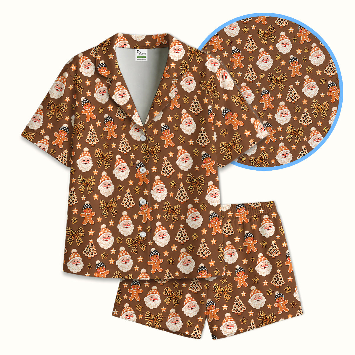 Funny Christmas Cat Baking Biscuits Pattern Pajama Set, Soft Breathable Fabric Comfortable Sleepwear