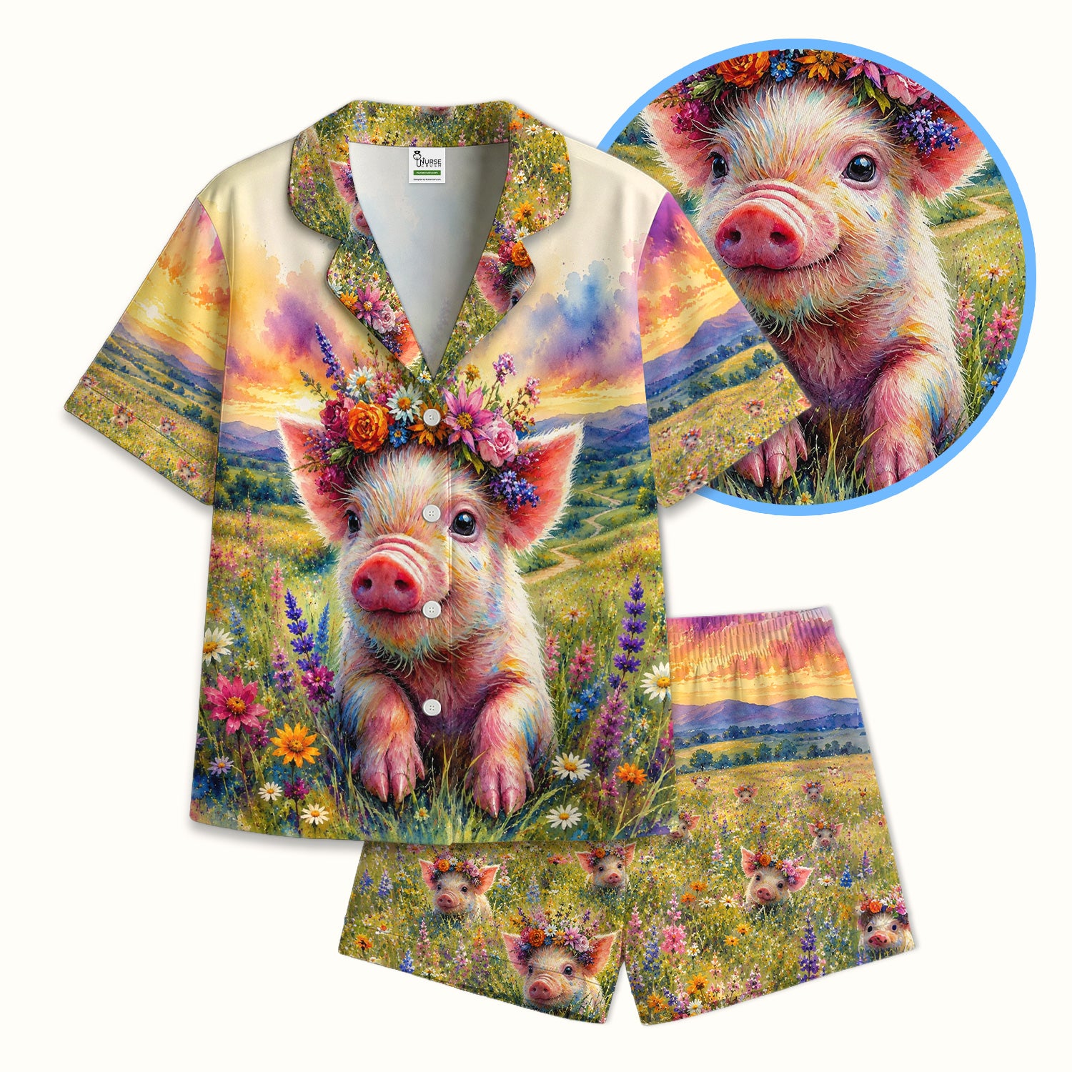 Cute Floral Piglet Pediatric Pattern Pajama Set, Soft Breathable Fabric Comfortable Sleepwear