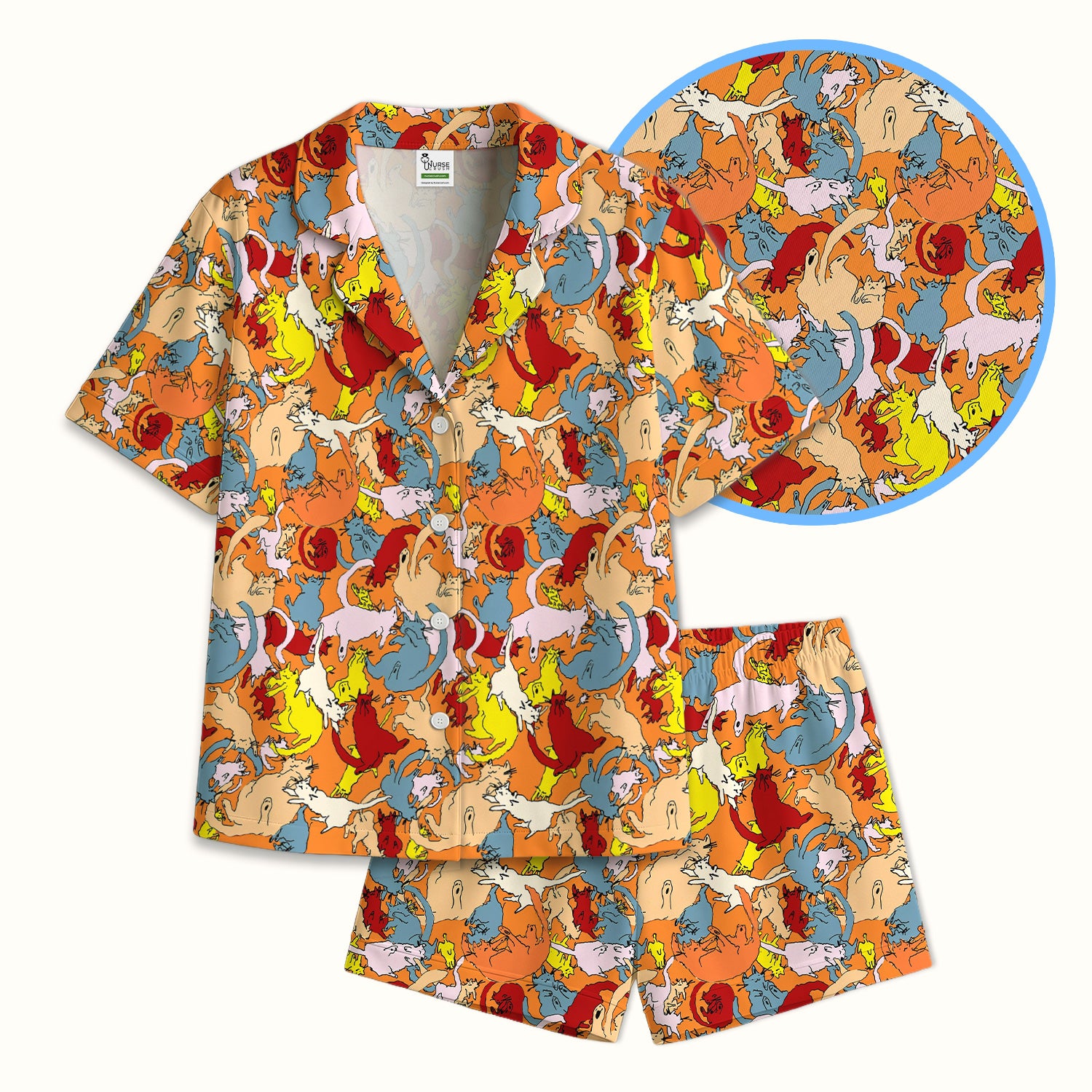 Colorful Cat Chaos Illustration Pattern Pajama Set, Soft Breathable Fabric Comfortable Sleepwear