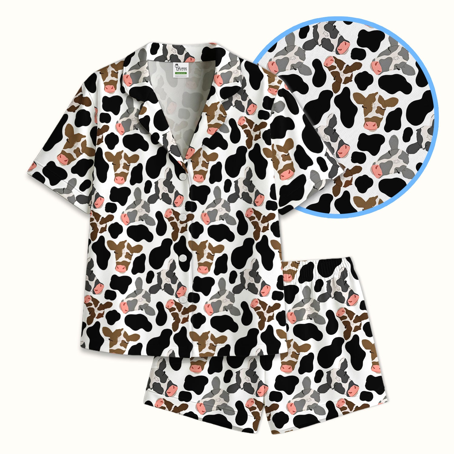 Cute Cow Face Black White Pattern Nurse Pajama Set, Soft Breathable Fabric Comfortable Sleepwear