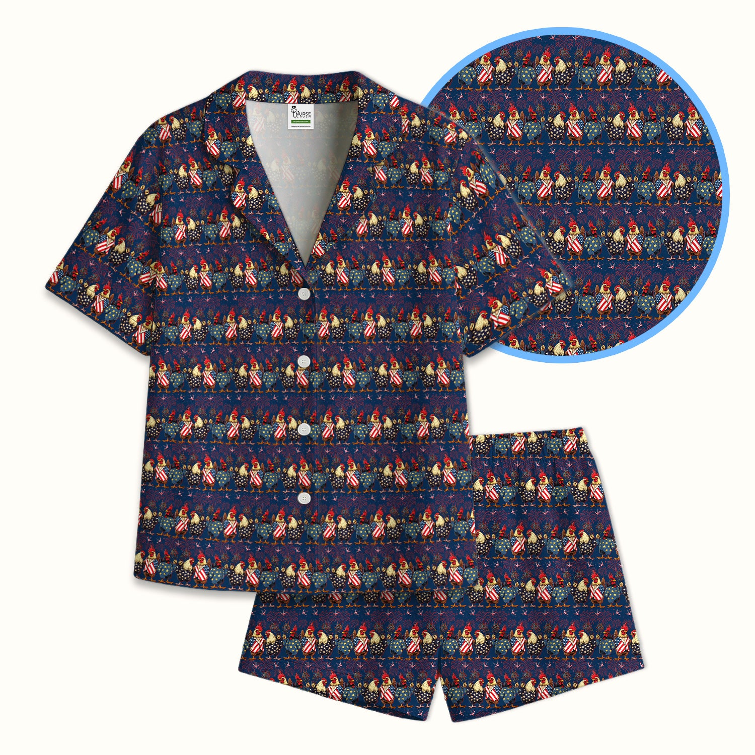 Patriotic Rooster Fireworks Pattern Pajama Set, Breathable Fabrics Uniform