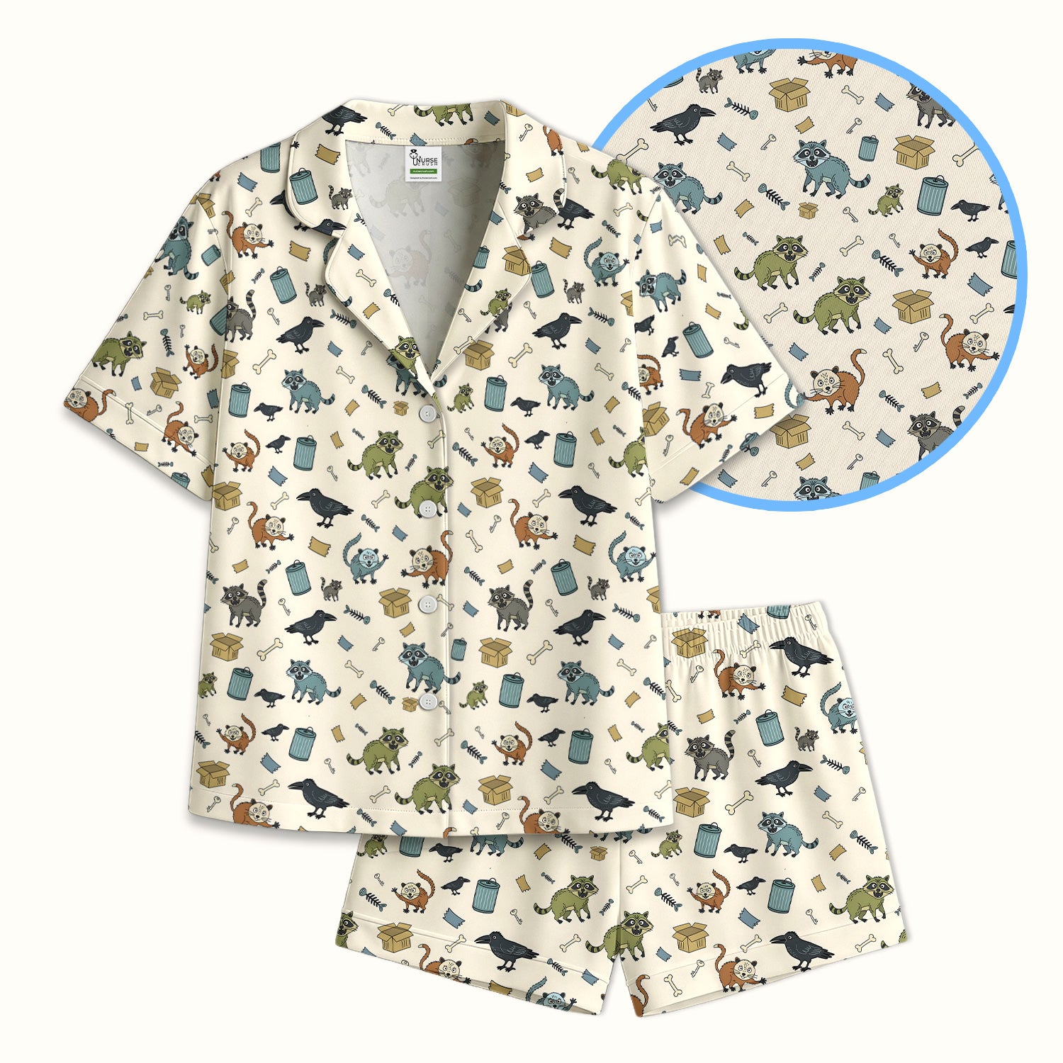 Funny Trash Raccoon Pattern Pajama Set, Soft Breathable Fabric Comfortable Sleepwear