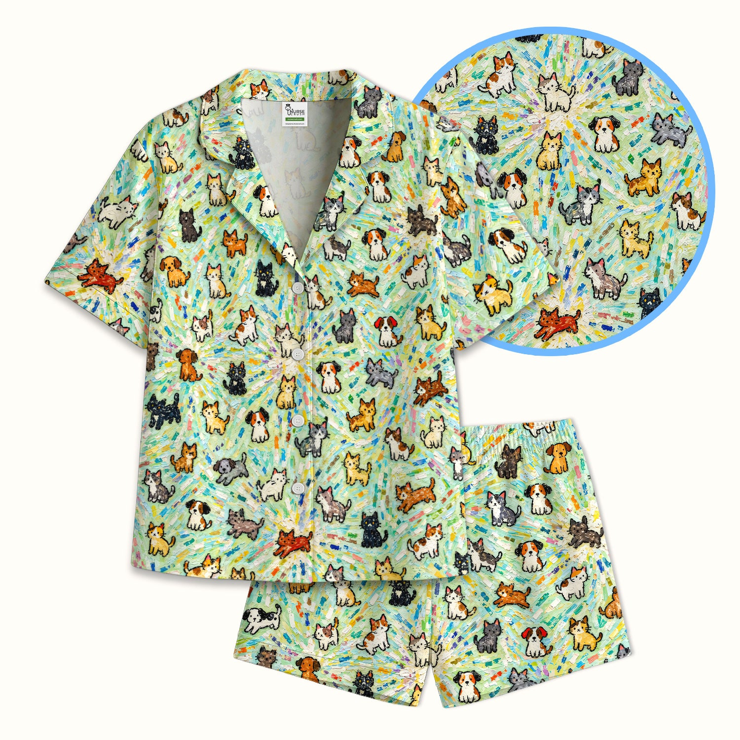 Colorful Cats Dogs Doodle Pattern Pajama Set, Soft Breathable Fabric Comfortable Sleepwear