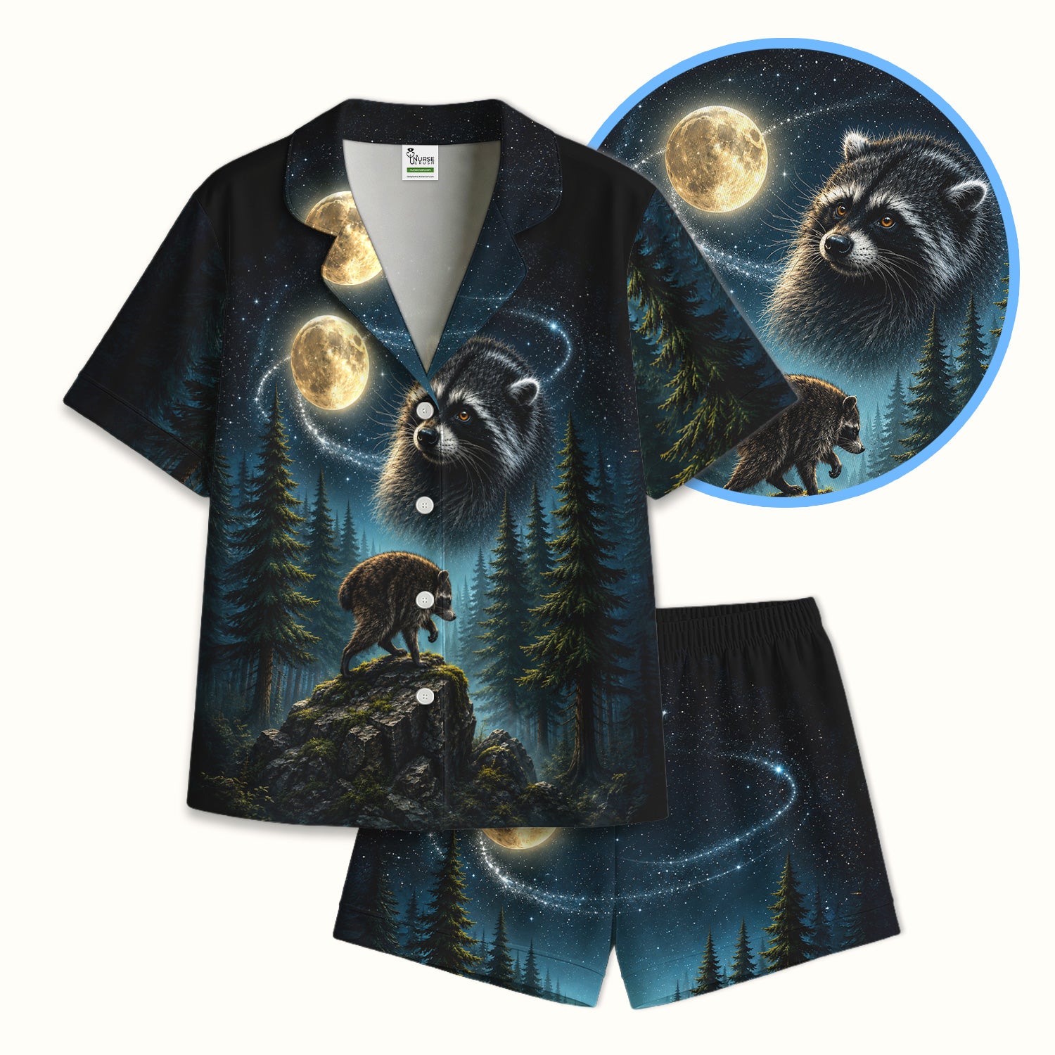 Raccoon On A Moonlit Branch Print Pajama Set, Soft Breathable Fabric Comfortable Sleepwear