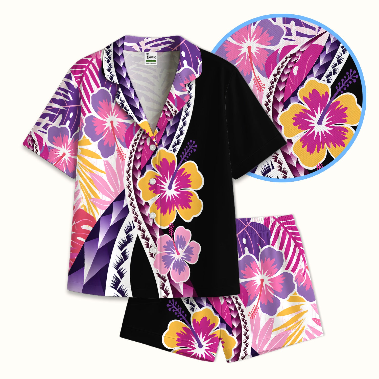 Nurse Tropical Hibiscus Leaf Pattern Pajama Set, Soft Breathable Fabric Comfortable Sleepwear