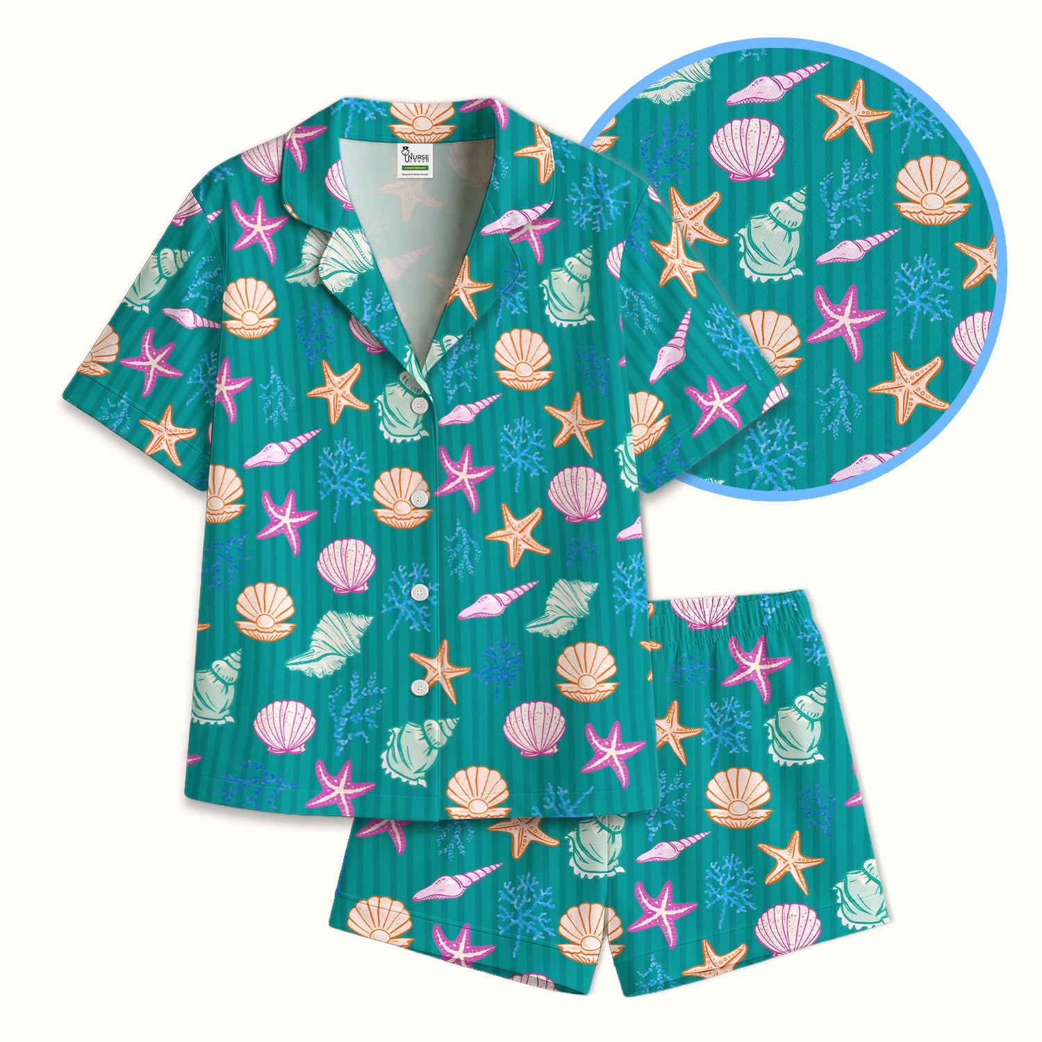 Colorful Seashell Starfish Ocean Stripe Pattern Pajama Set, Breathable Fabrics Uniform