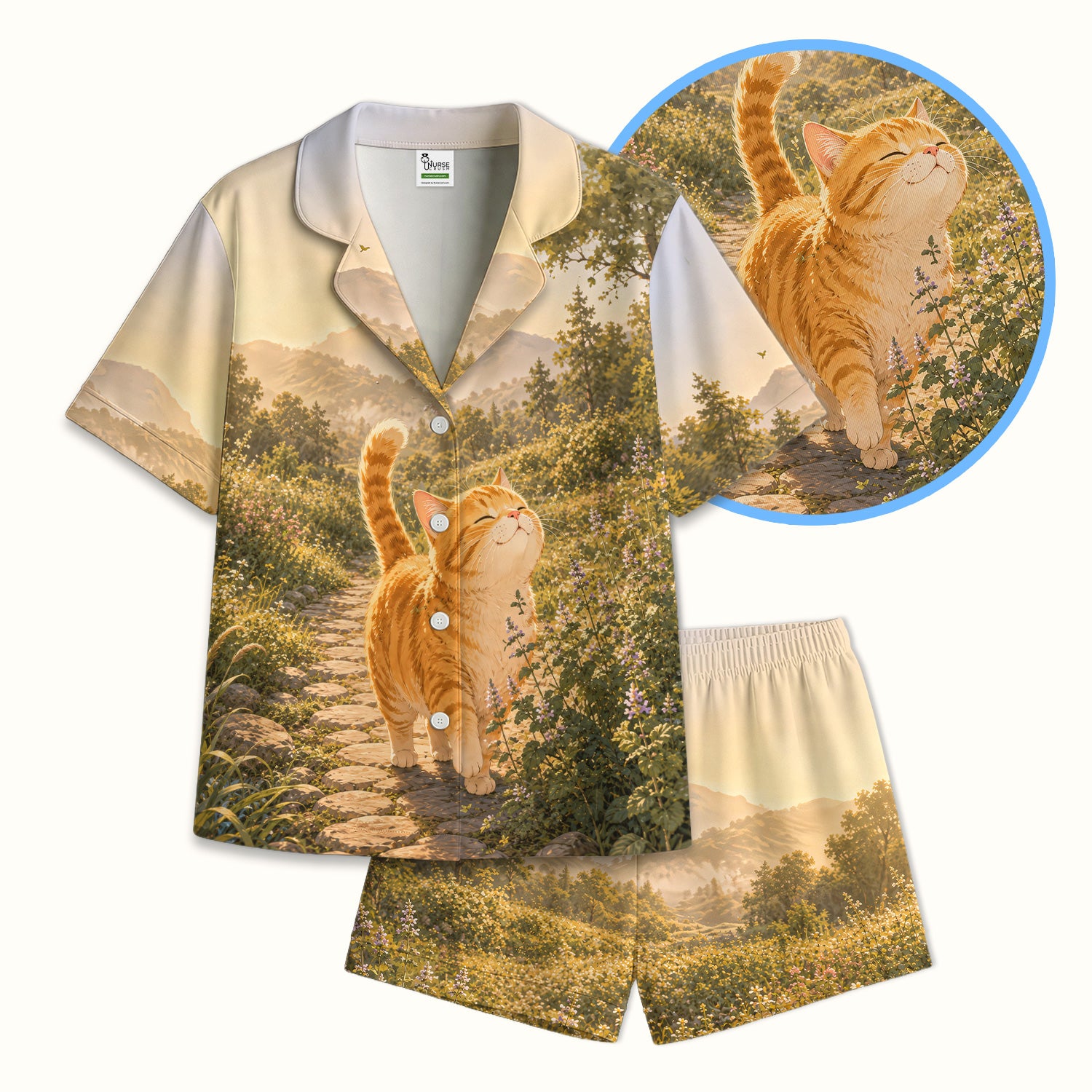 Sunny Mountain Cat Nurse, Nature Lover Medical Pajama Set, Soft Breathable Fabric Comfortable Sleepwear