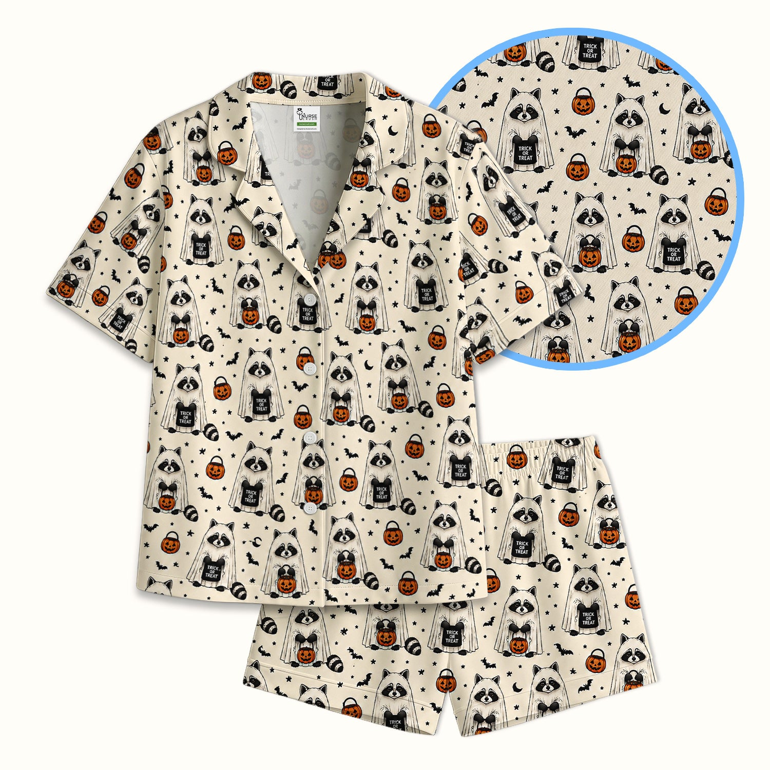 Cute Halloween Ghost Raccoon Pajama Set, Soft Breathable Fabric Comfortable Sleepwear