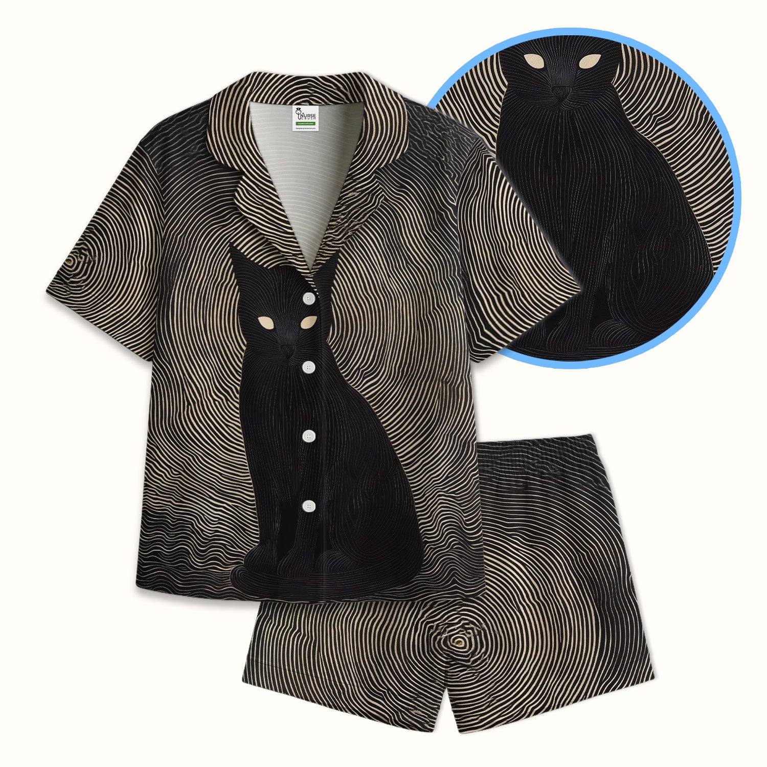 Black Cat Line Art Print Pajama Set, Soft Breathable Fabric Comfortable Sleepwear