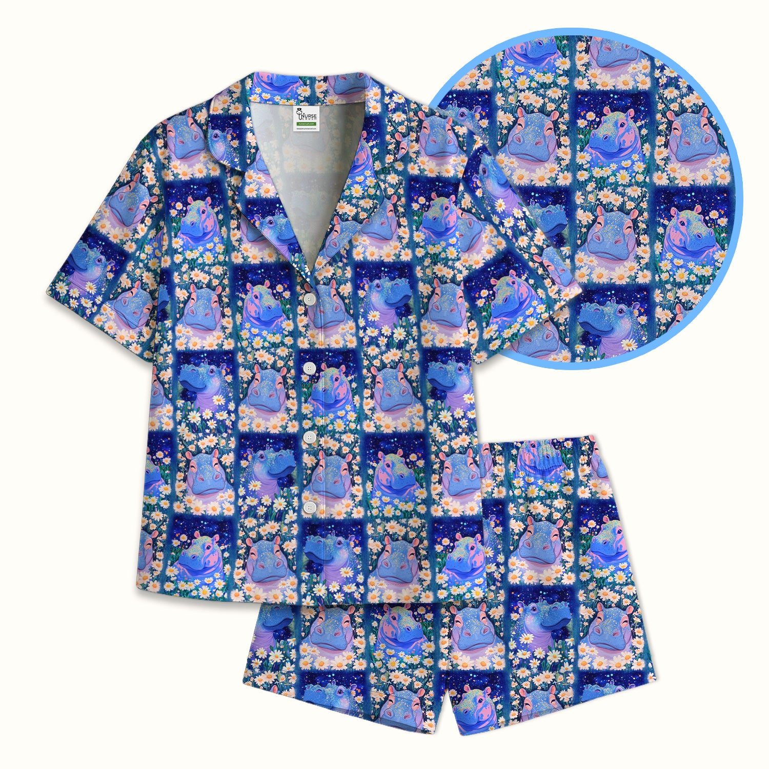 Cute Hippo Daisy Floral Patchwork Pajama Set, Breathable Fabrics Uniform